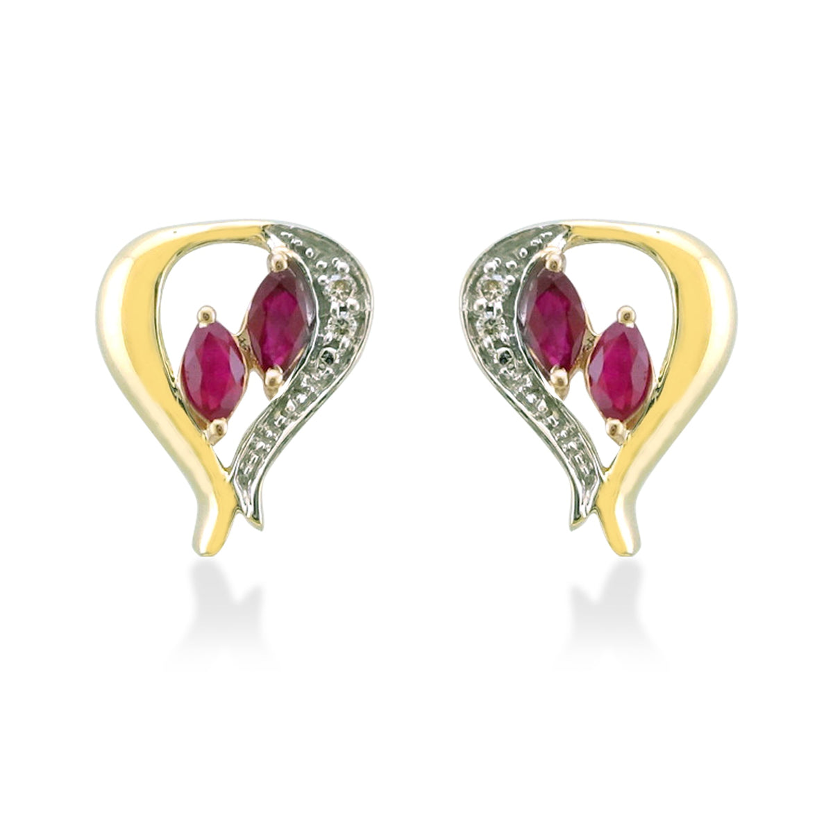 9ct gold marquise shape ruby &amp; diamond heart stud earrings 0.03ct (product width 10mm)