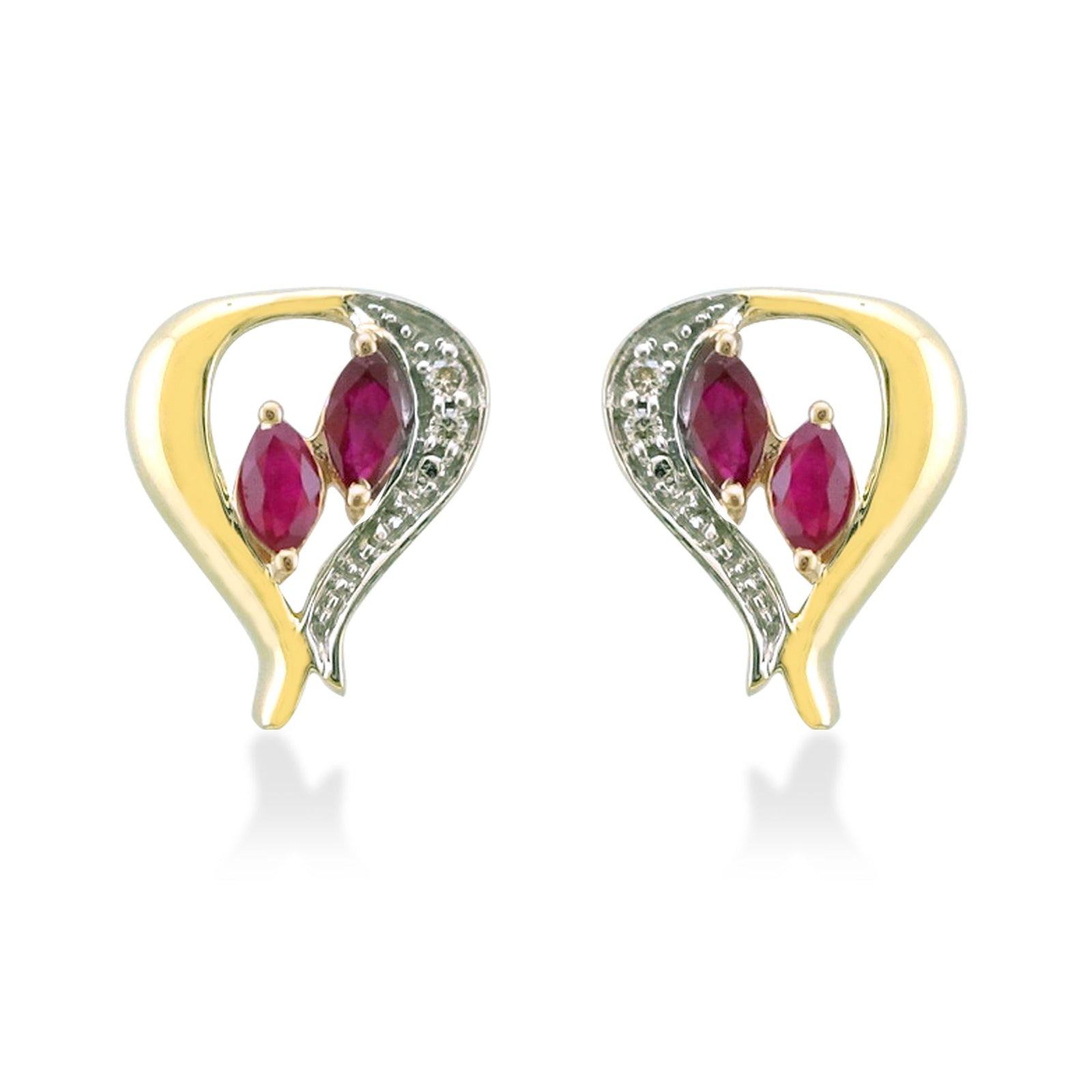 9ct gold marquise shape ruby & diamond heart stud earrings 0.03ct (product width 10mm)