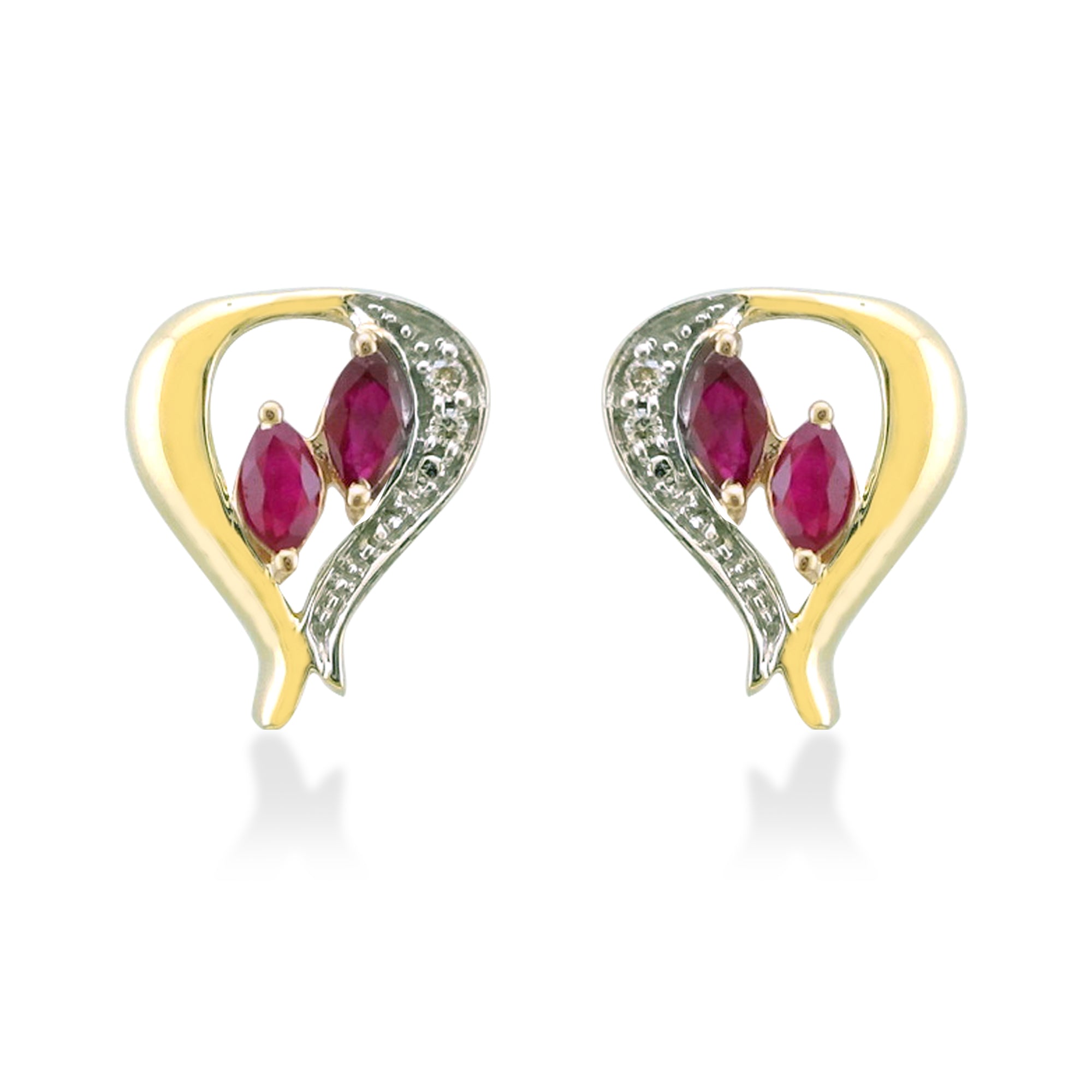 9ct gold marquise shape ruby & diamond heart stud earrings 0.03ct (product width 10mm)