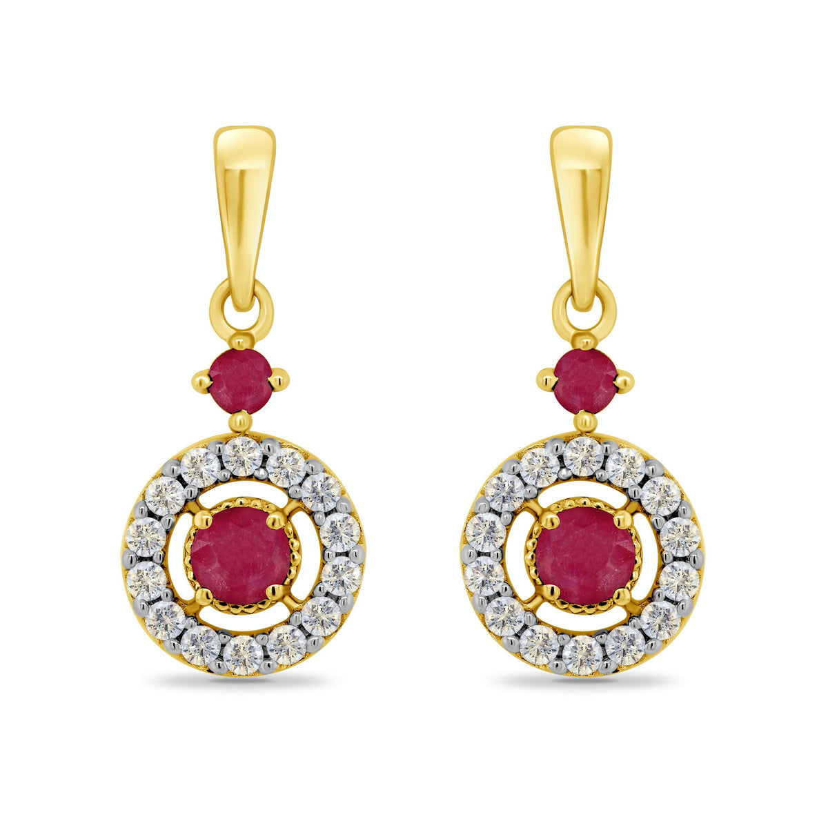 9ct gold 2.75mm &amp; 1.75mm ruby &amp; diamond gap halo drop earrings 0.14ct