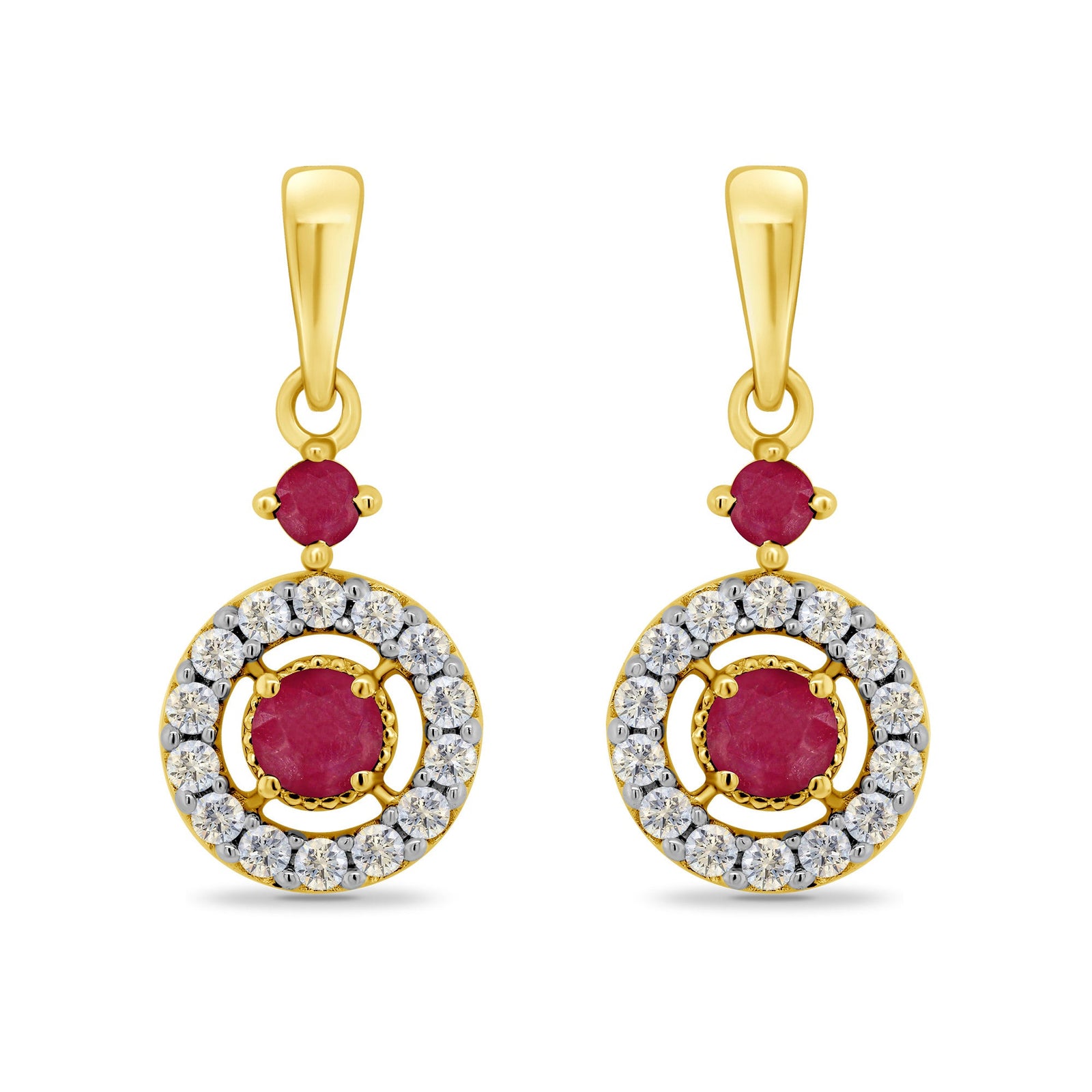 9ct gold 2.75mm & 1.75mm ruby & diamond gap halo drop earrings 0.14ct