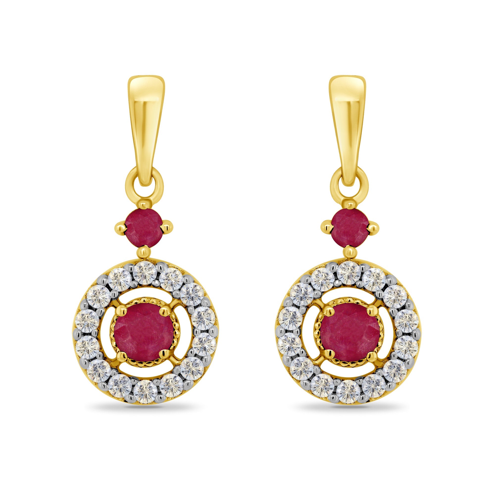 9ct gold 2.75mm & 1.75mm ruby & diamond gap halo drop earrings 0.14ct