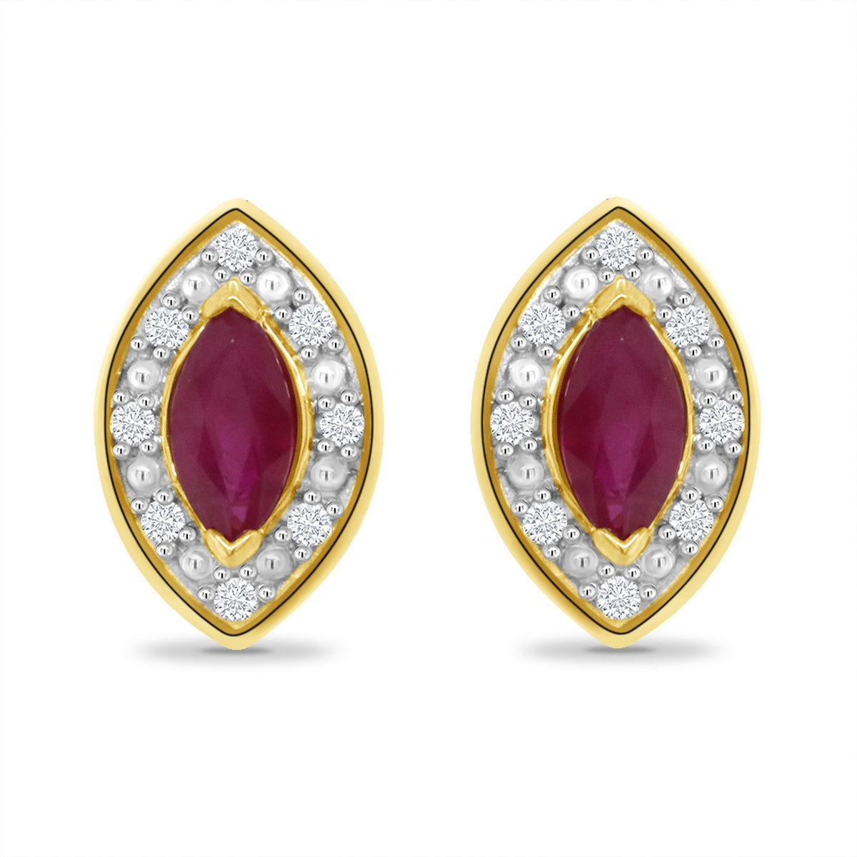 9ct gold 5x3mm marquise shape ruby &amp; diamond stud earrings 0.05ct