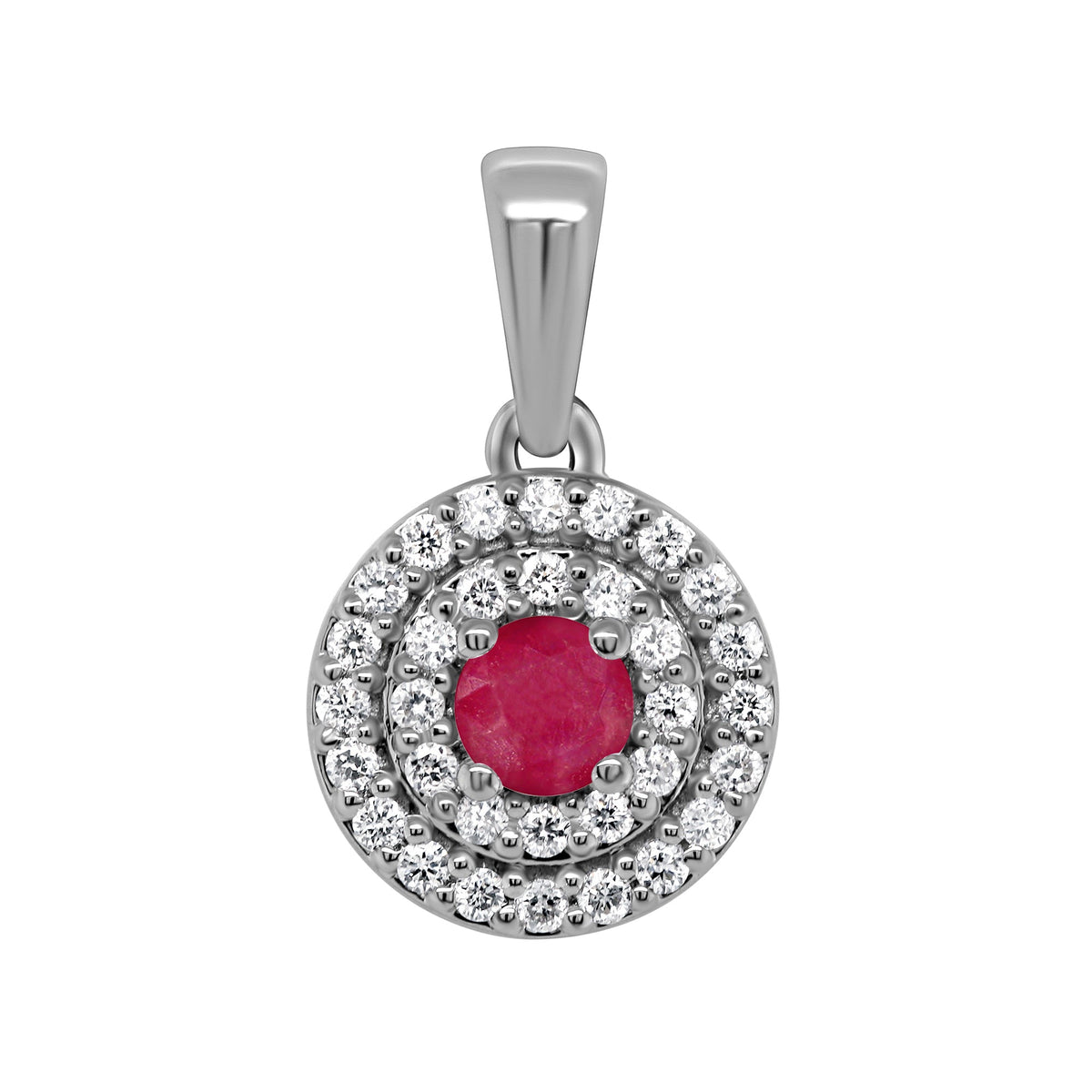 9ct white gold 3.00mm ruby &amp; two row diamond halo cluster pendant 0.13ct