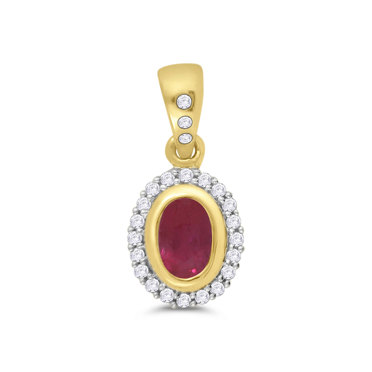 9ct gold 6x4mm rub over set oval ruby &amp; diamond cluster pendant with diamond set bale 0.12ct