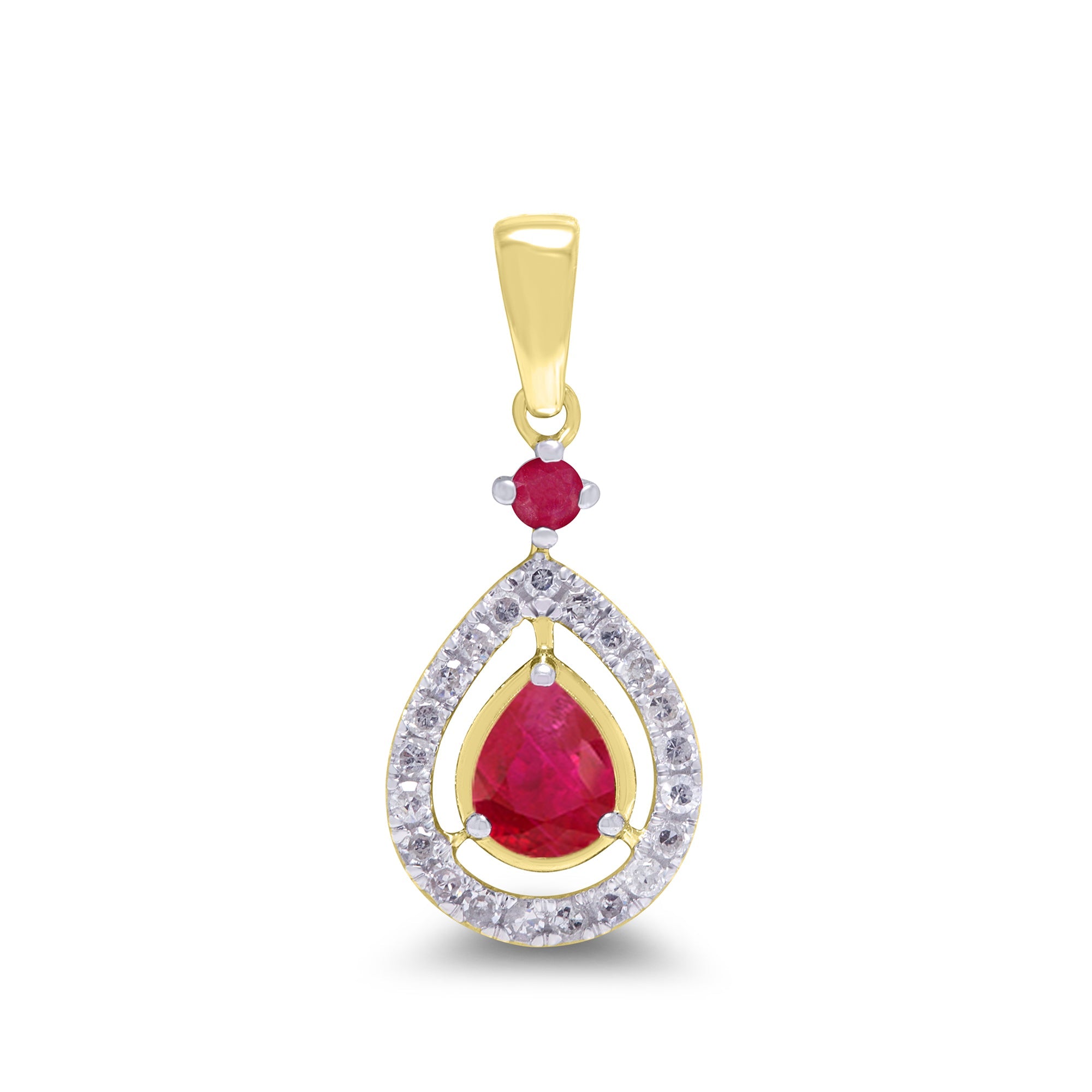 9ct gold 5x4mm pear shape ruby & 2.00mm round ruby & diamond pendant 0.12ct