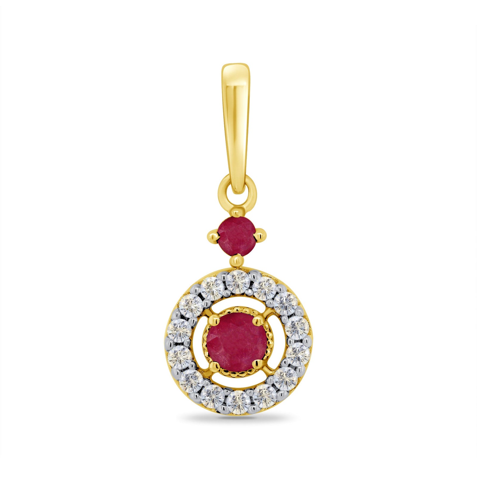 9ct gold 3.00mm & 2.50mm round ruby & diamond gap halo pendant 0.11ct