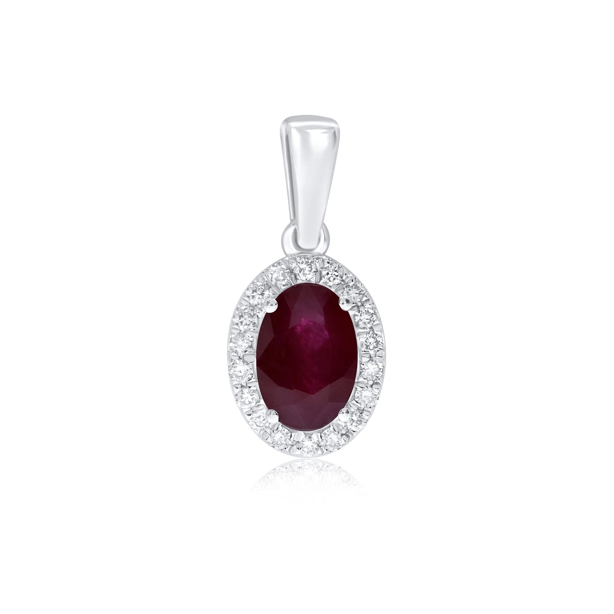9ct white gold 5x3mm oval ruby &amp; diamond cluster pendant 0.14ct