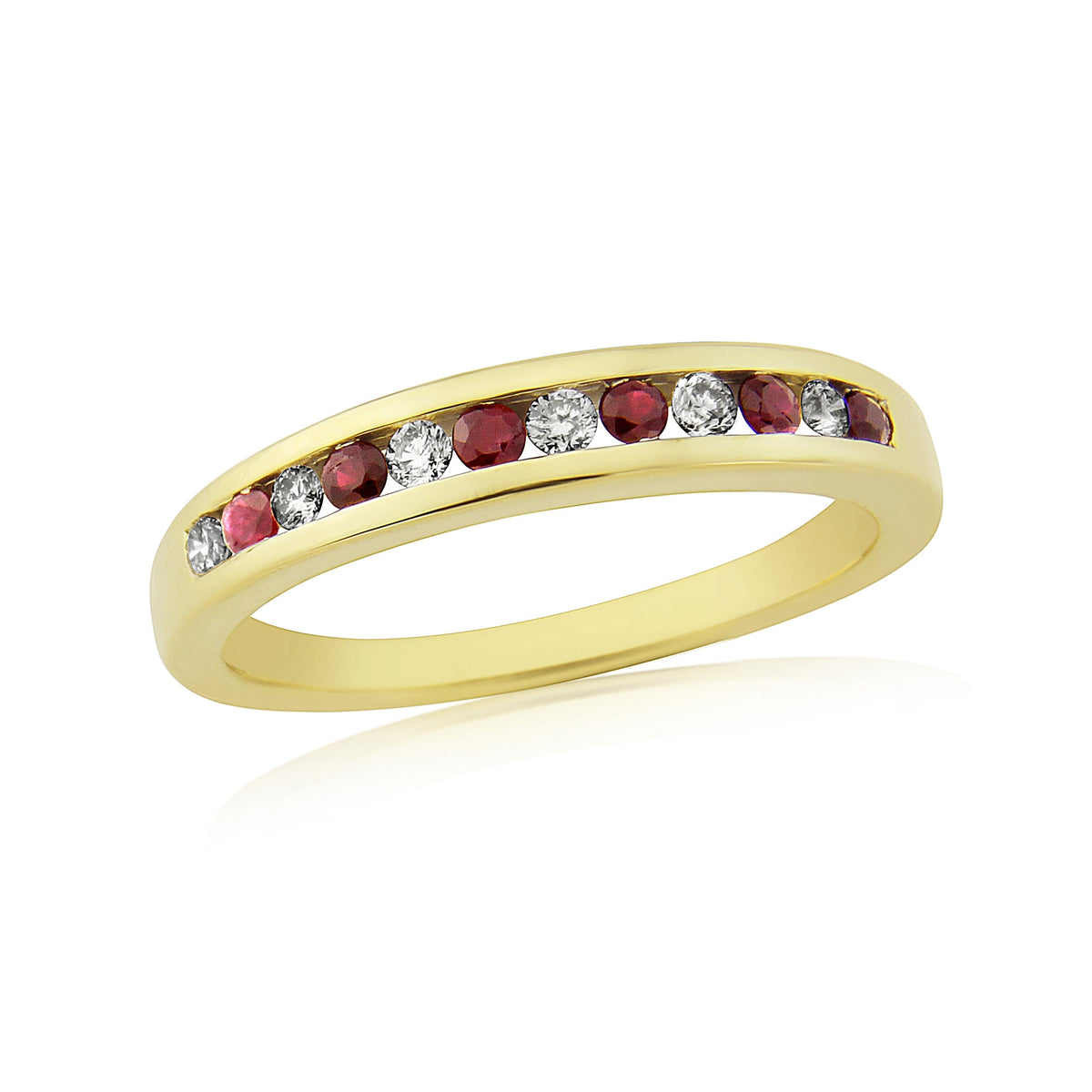 9ct gold channel set ruby &amp; diamond half et ring 0.12ct