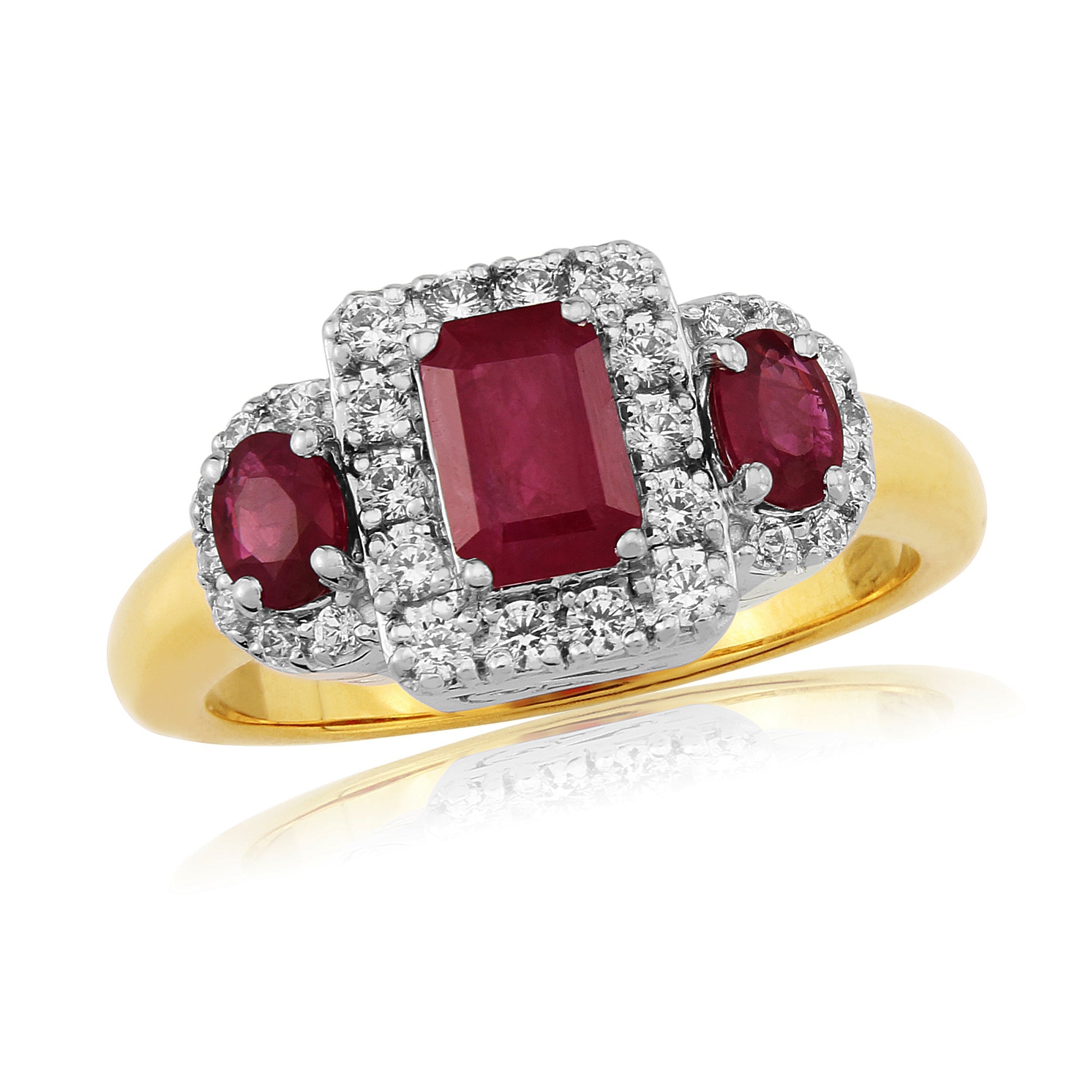 9ct gold triple ruby (Em 6x4mm & Ov 4x3mm) & diamond cluster ring 0.27ct