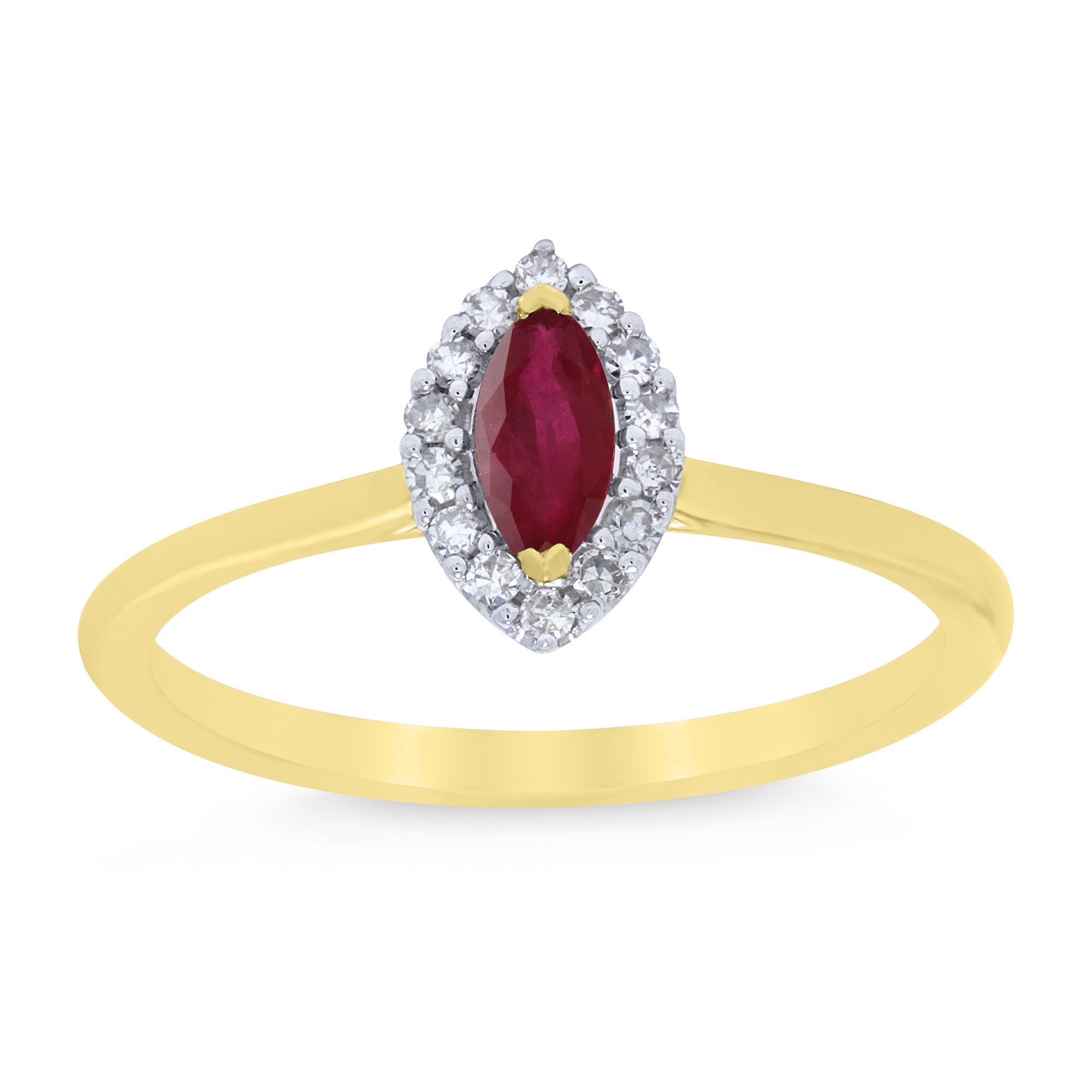 9ct gold 5x3mm marquise shape ruby & diamond cluster ring 0.10ct