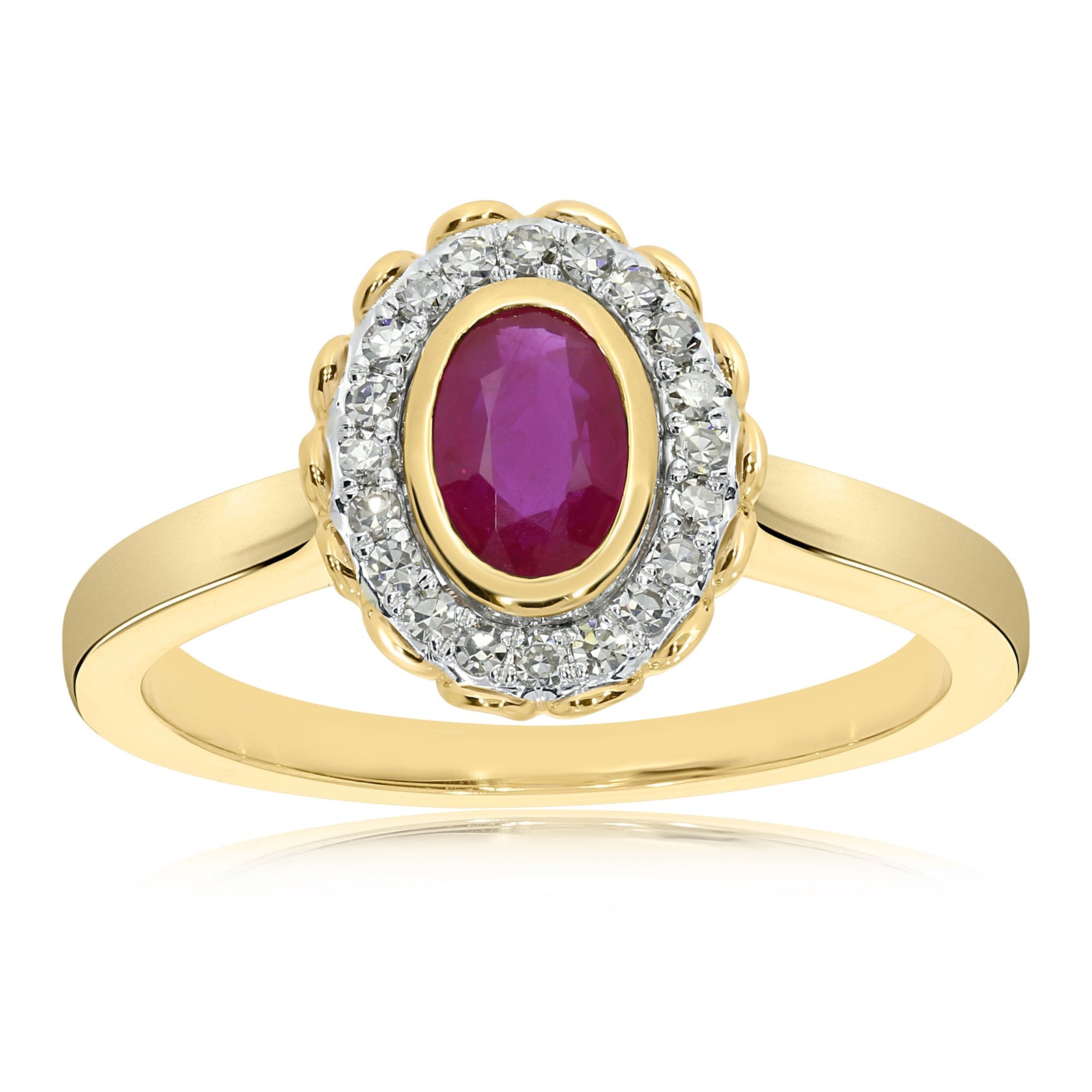 9ct gold 6x4mm oval ruby & diamond cluster ring 0.13ct
