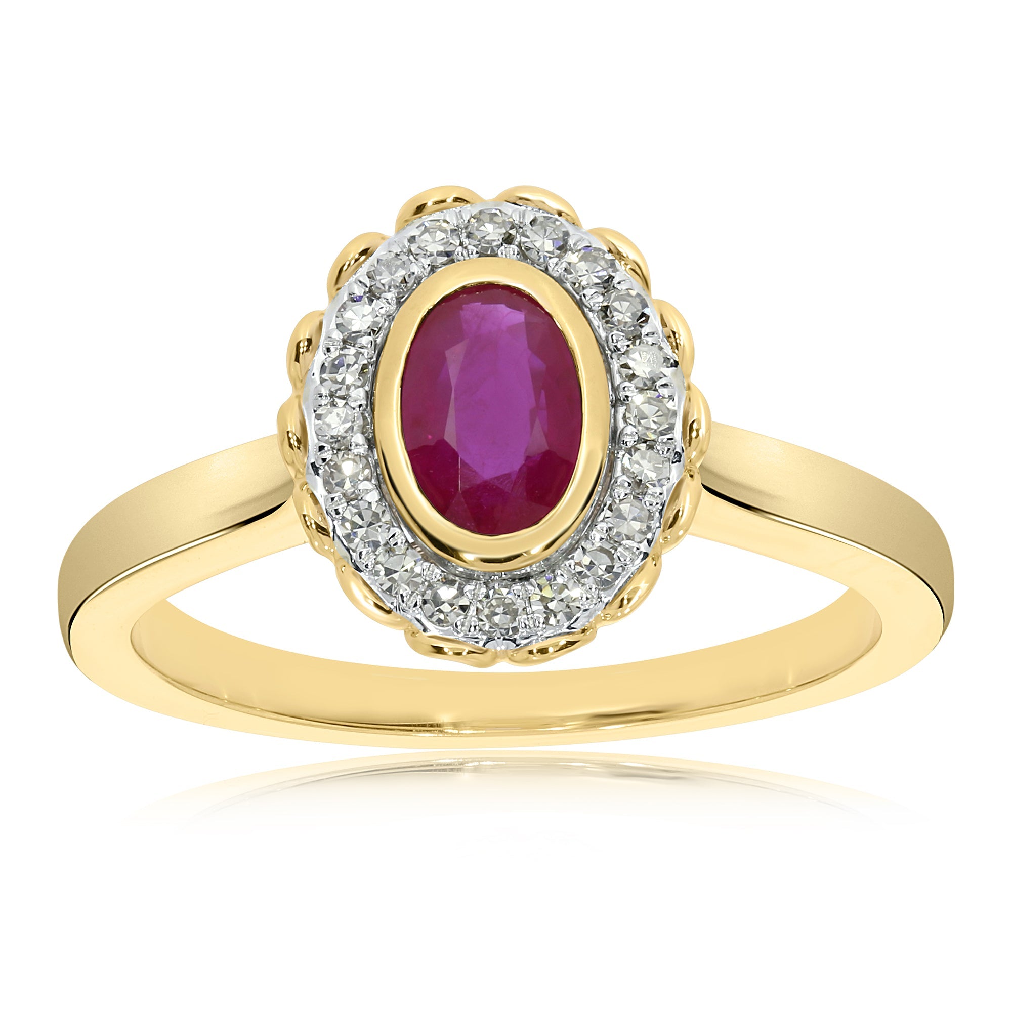 9ct gold 6x4mm oval ruby & diamond cluster ring 0.13ct