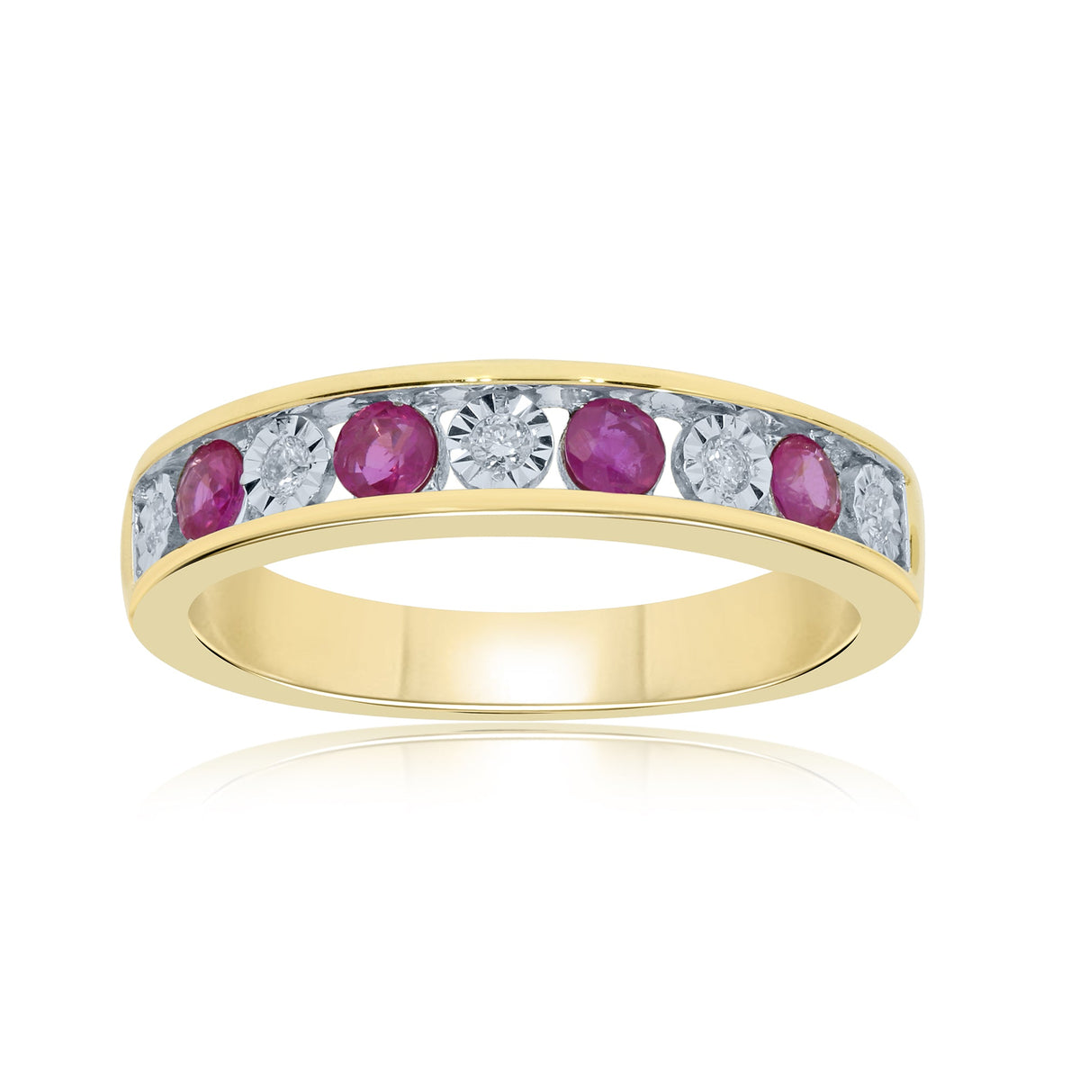 9ct gold 3mm round ruby &amp; miracle plate diamond half et ring 0.09ct