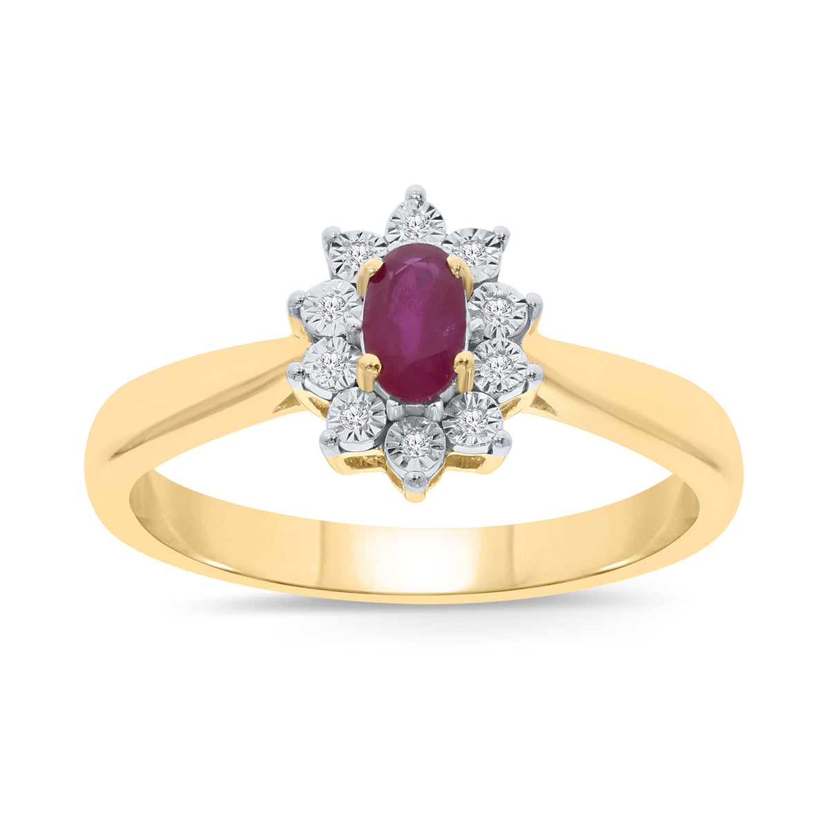 9ct gold 5x3mm oval ruby &amp; miracle plate diamond cluster ring 0.03ct
