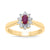 9ct gold 5x3mm oval ruby & miracle plate diamond cluster ring 0.03ct