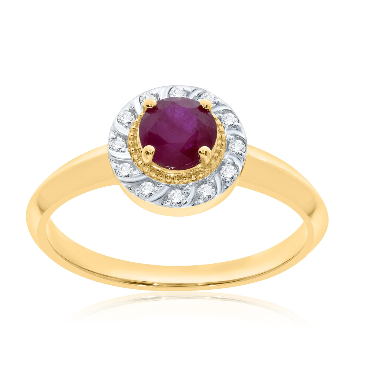 9ct gold 5mm round ruby &amp; diamond halo cluster ring 0.08ct
