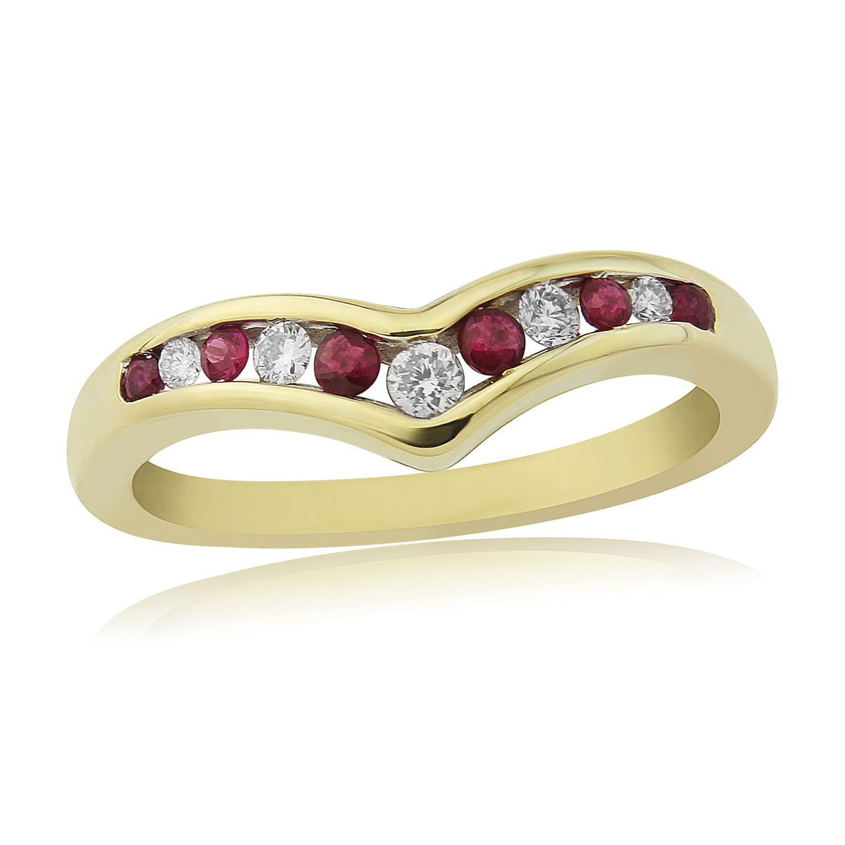 9ct gold channel set ruby &amp; diamond wishbone ring 0.12ct