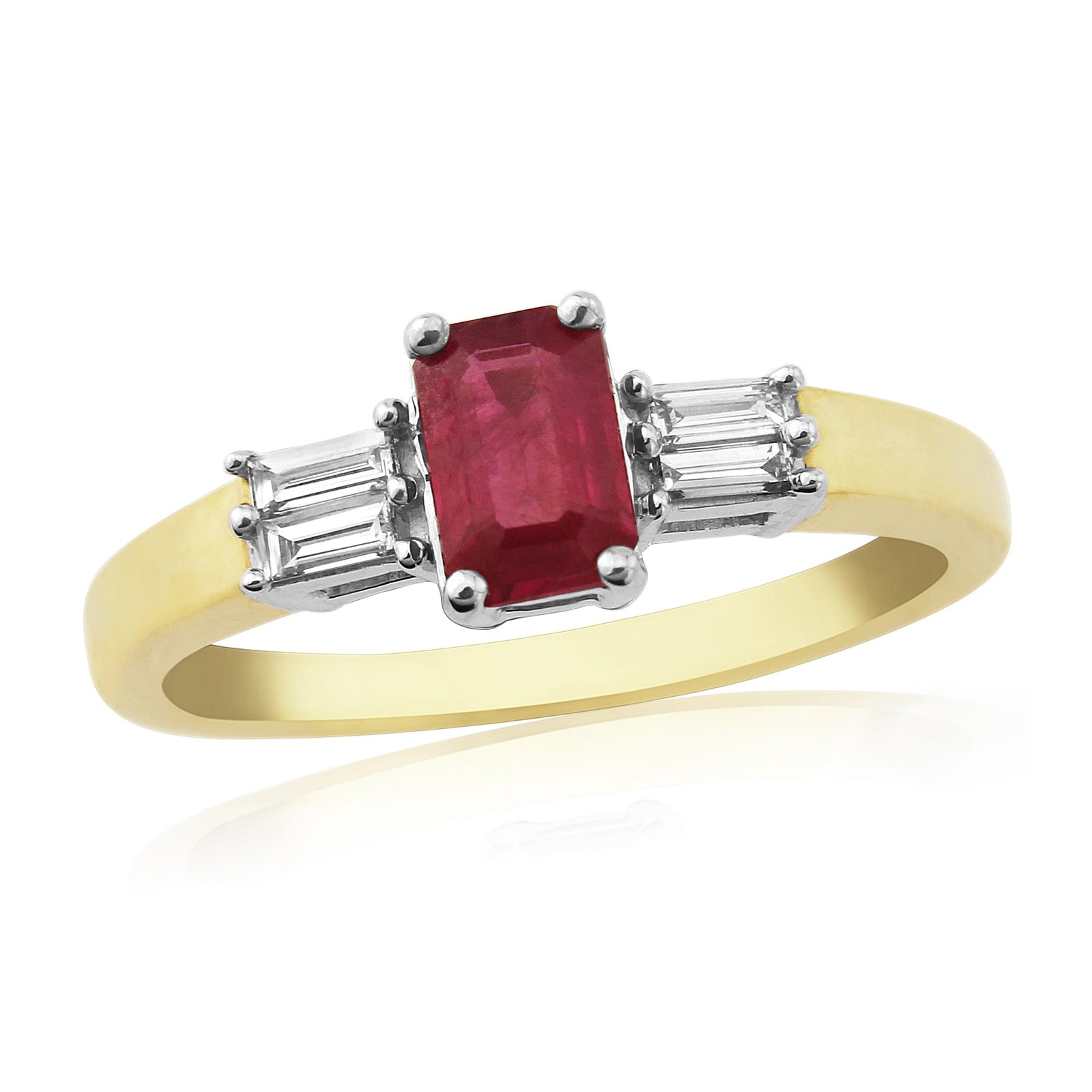 9ct gold 6x4mm octagon cut ruby & baguette diamond shoulders ring 0.12ct