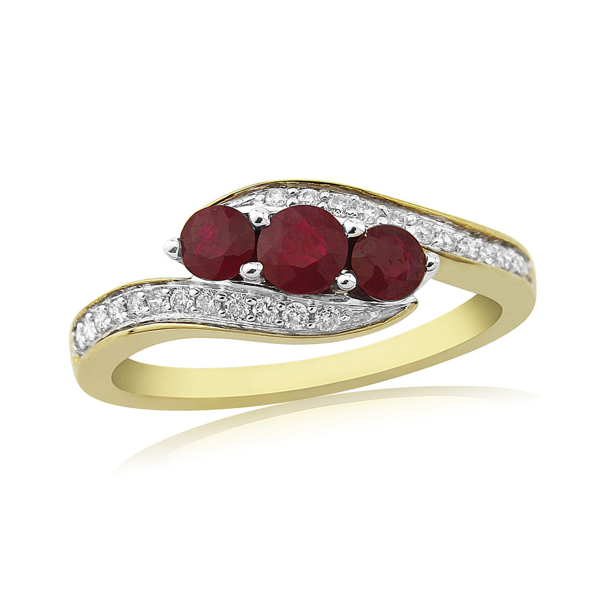 9ct gold three stone ruby ( 1 x 3.75mm &amp; 2 x 3.25mm) &amp; diamond cross-over ring 0.17ct