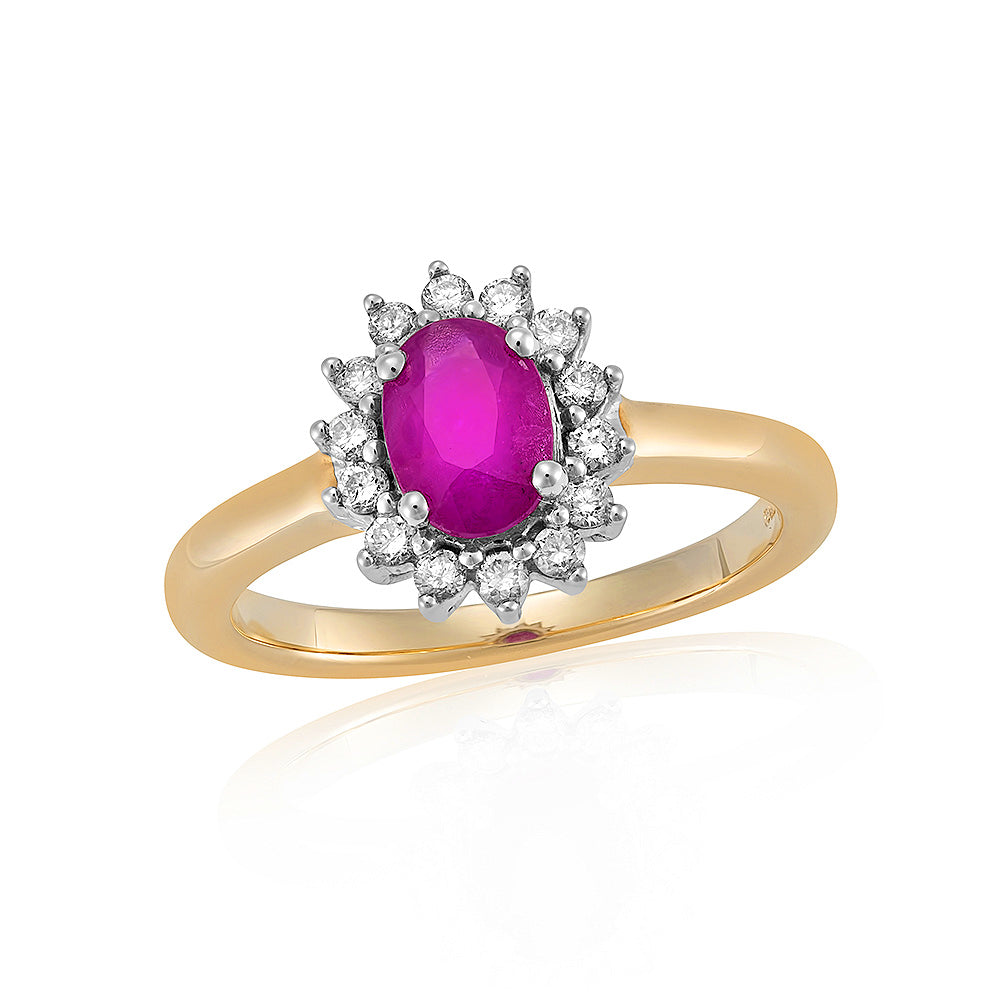 9ct gold 7x5mm oval ruby & diamond cluster ring 0.25ct