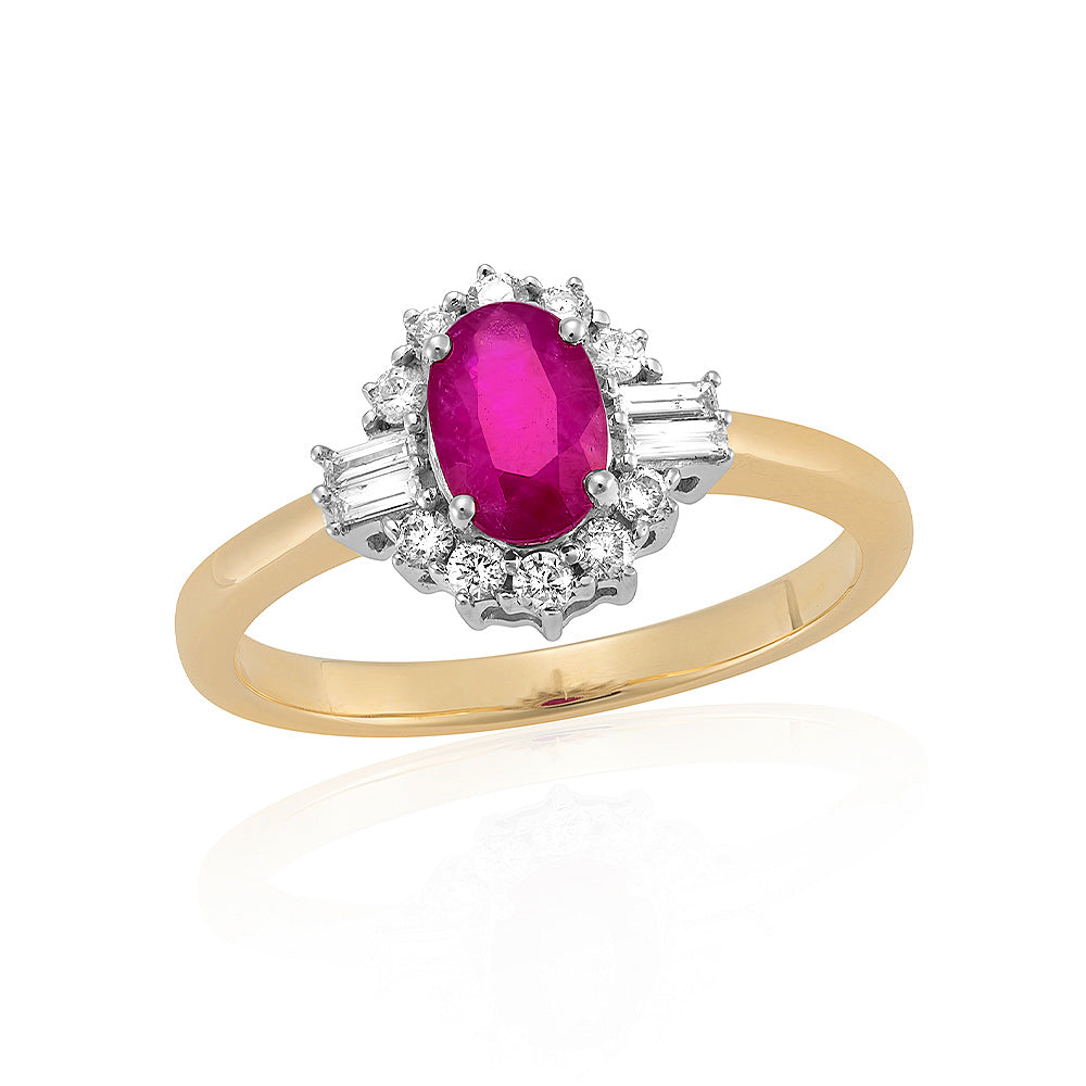 9ct gold 7x5mm oval ruby & brilliant & baguette cut diamond cluster ring 0.33ct