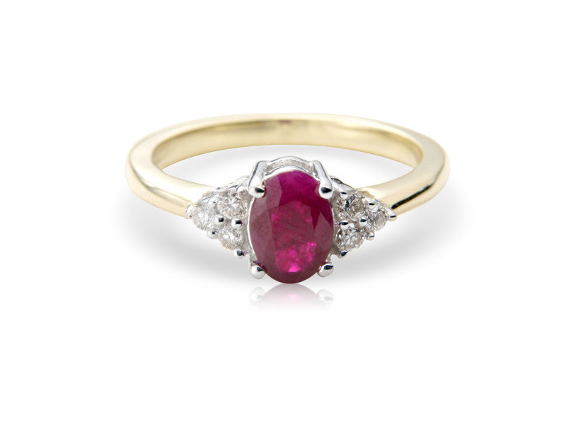 9ct gold 7x5mm oval ruby &amp; three stone diamond shoulders ring 0.15ct