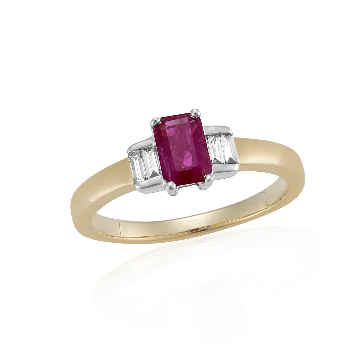 9ct gold 6x4mm octagon cut ruby &amp; baguette cut diamonds ring 0.11ct