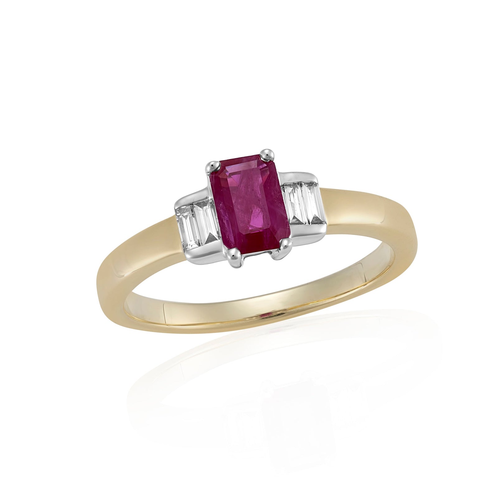 9ct gold 6x4mm octagon cut ruby & baguette cut diamonds ring 0.11ct