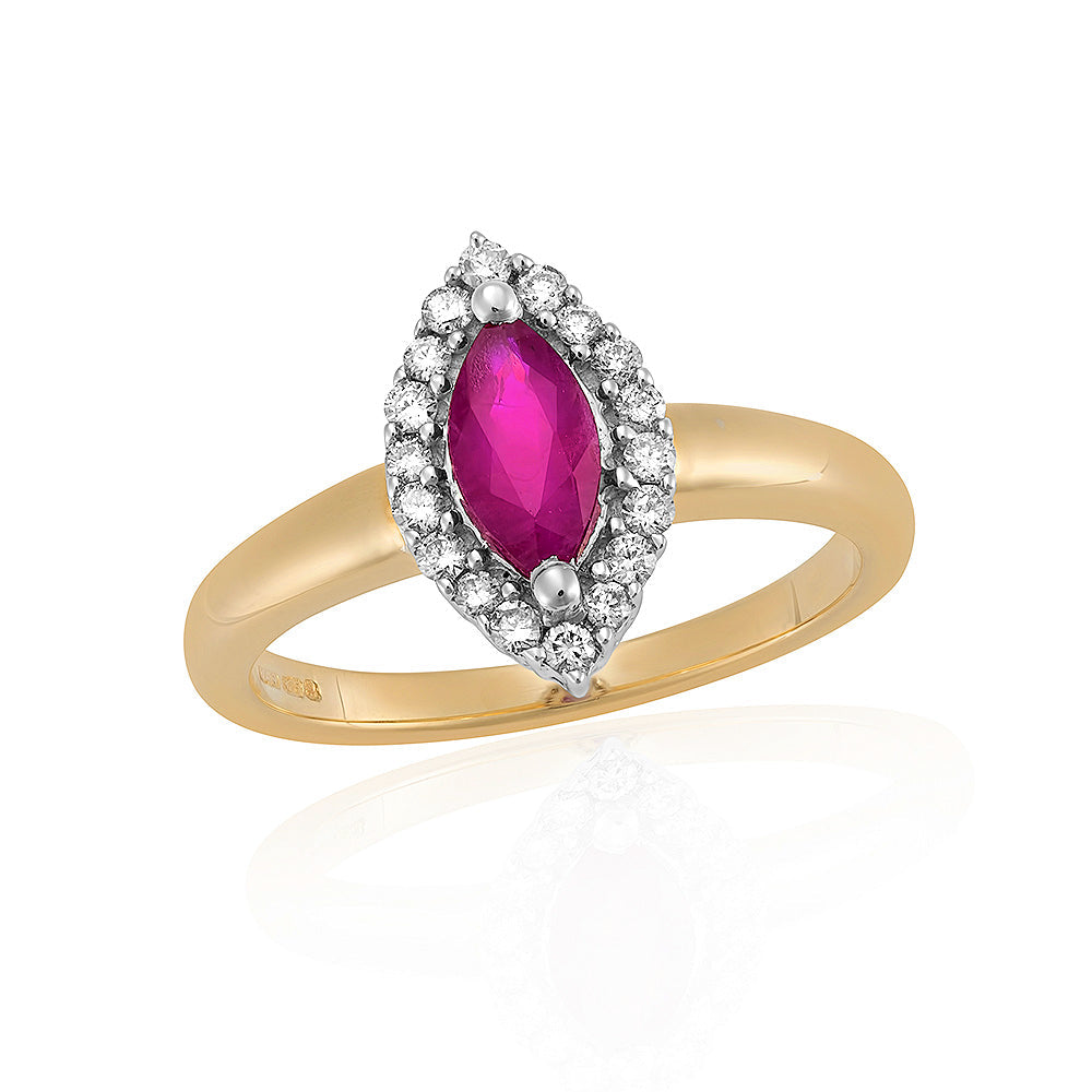 9ct gold 8x4mm marquise shape ruby & diamond cluster ring 0.20ct