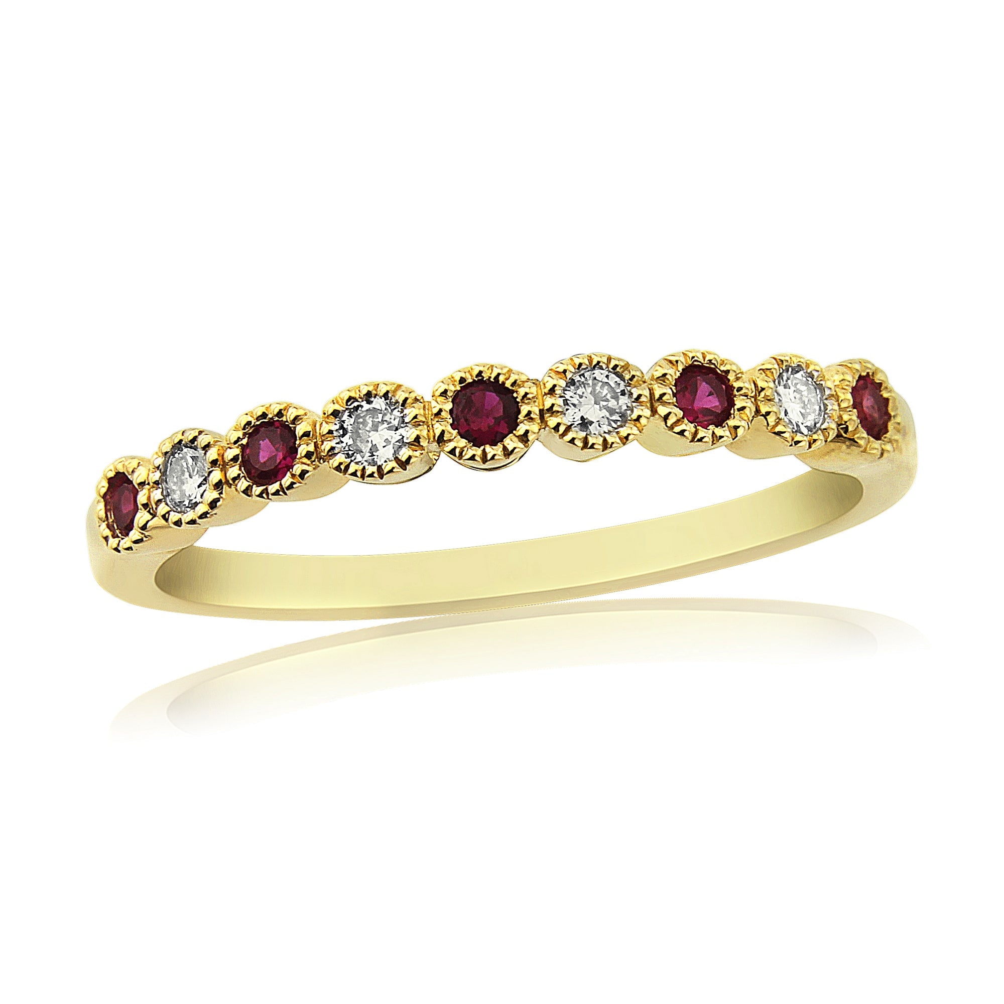 9ct gold 2.00mm ruby & diamond millgrain edge set half et ring 0.08ct