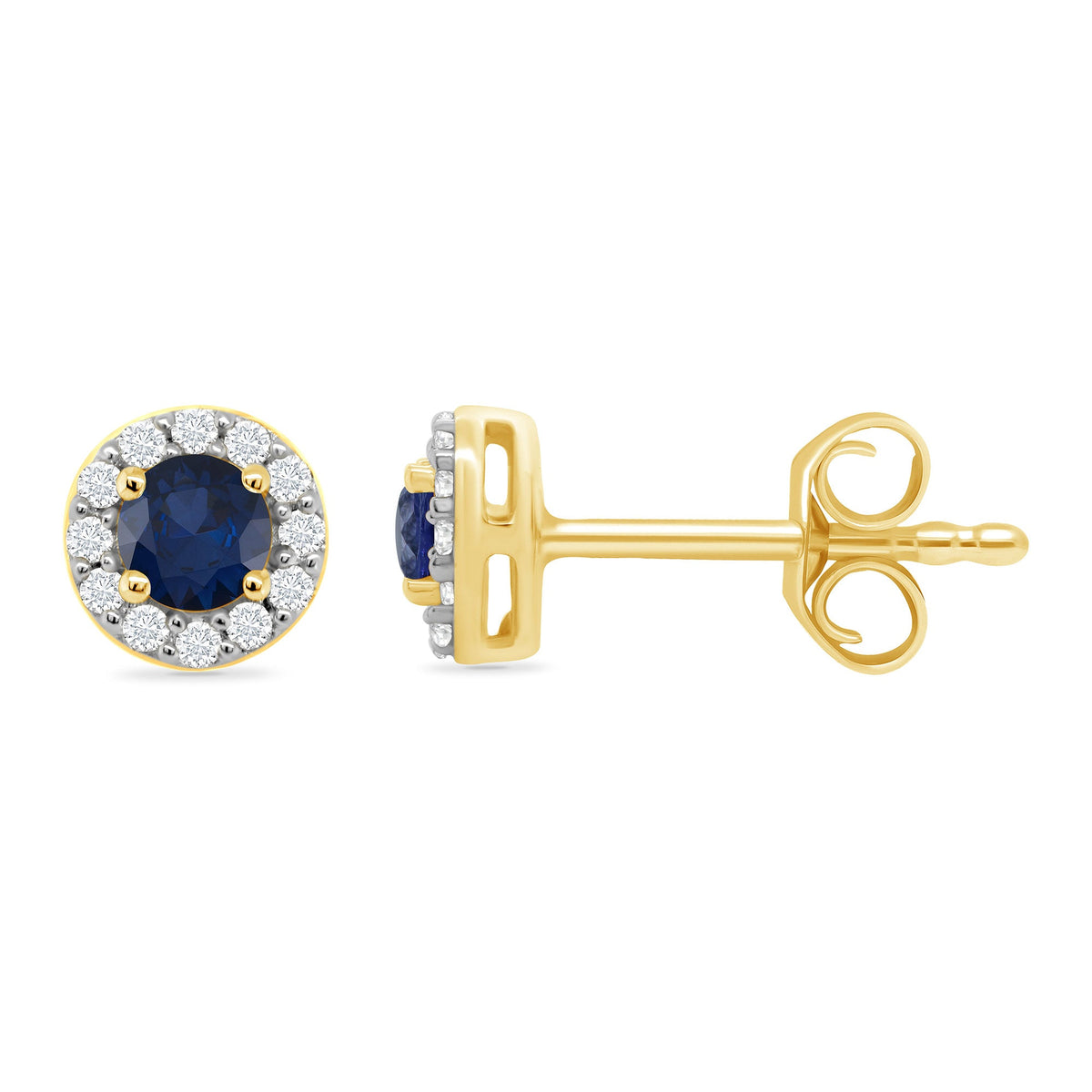 9ct gold 3.25mm round sapphire &amp; diamond halo cluster stud earrings 0.10ct