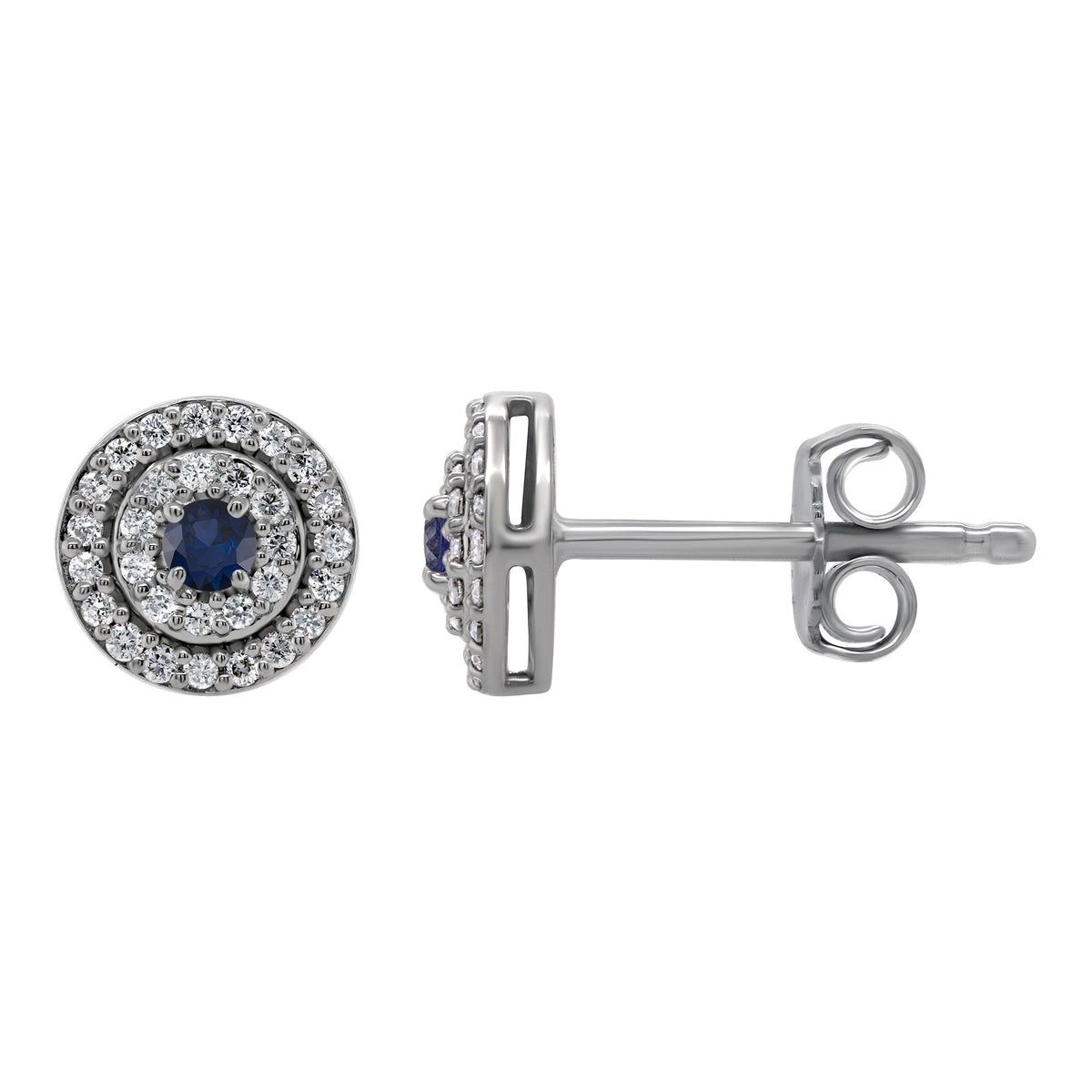 9ct white gold 2.50mm sapphire &amp; two row diamond halo cluster stud earrings 0.23ct