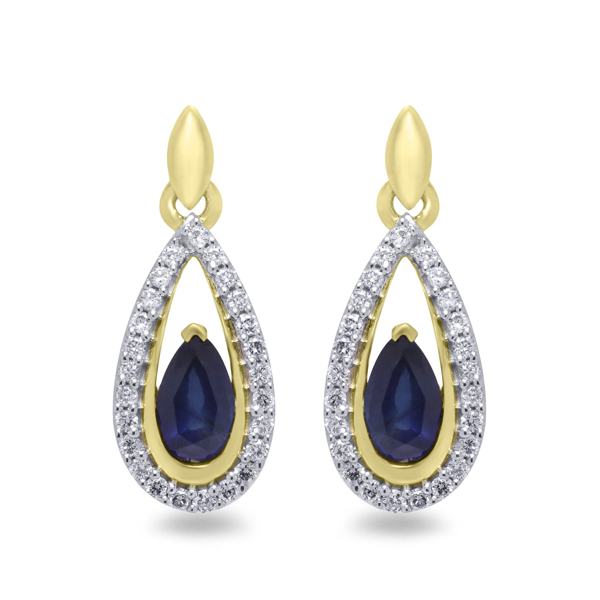 9ct gold 5x3mm pear shape sapphire &amp; diamond drop earrings 0.15ct