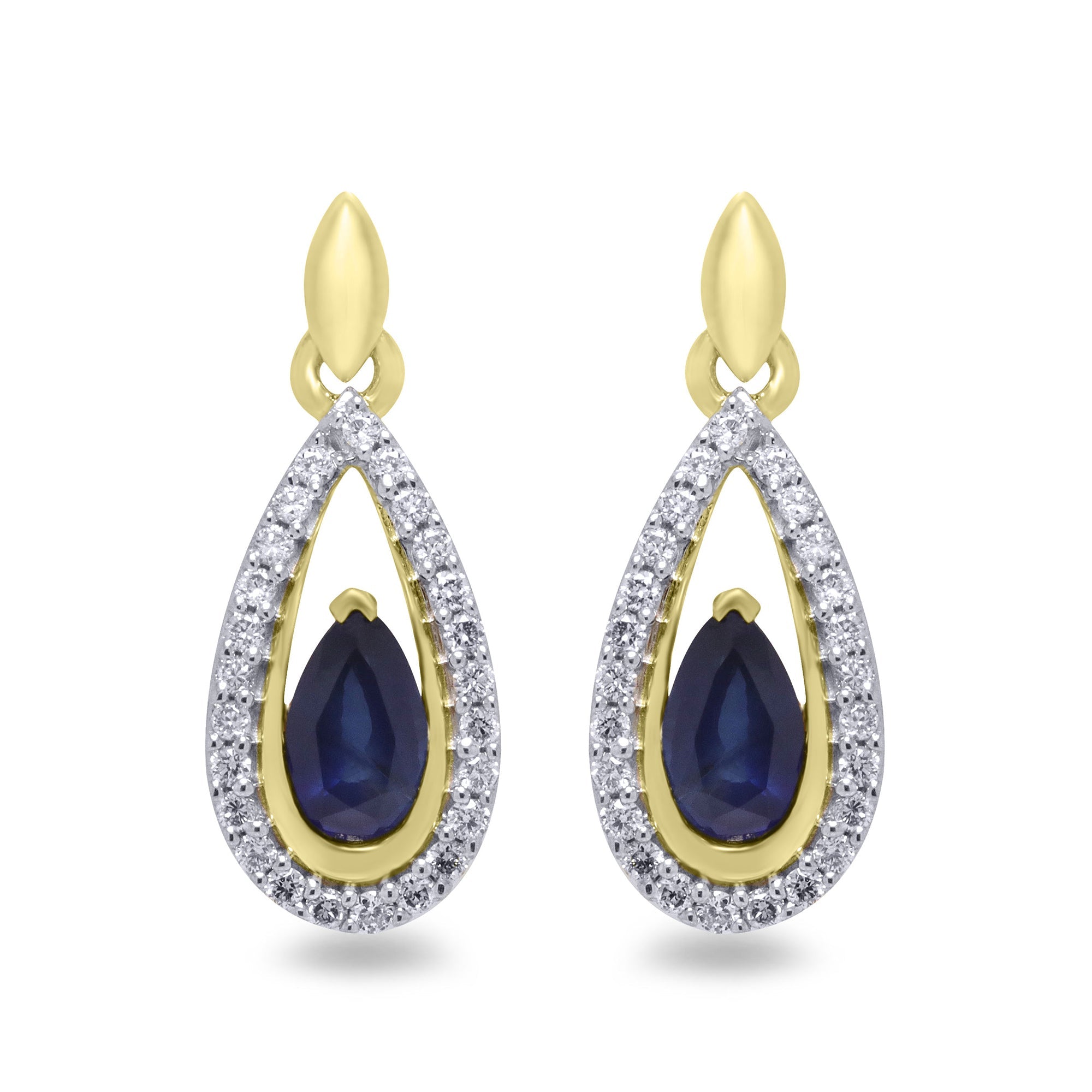 9ct gold 5x3mm pear shape sapphire & diamond drop earrings 0.15ct