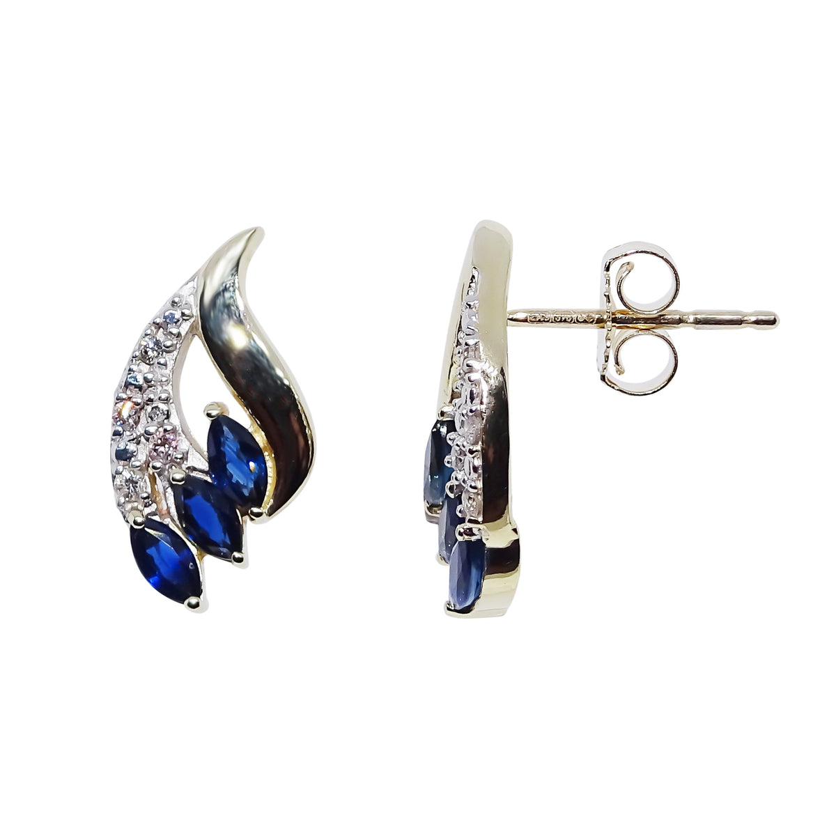 9ct gold marquise shape sapphire &amp; diamond stud earrings 0.06ct (product width 8mm)
