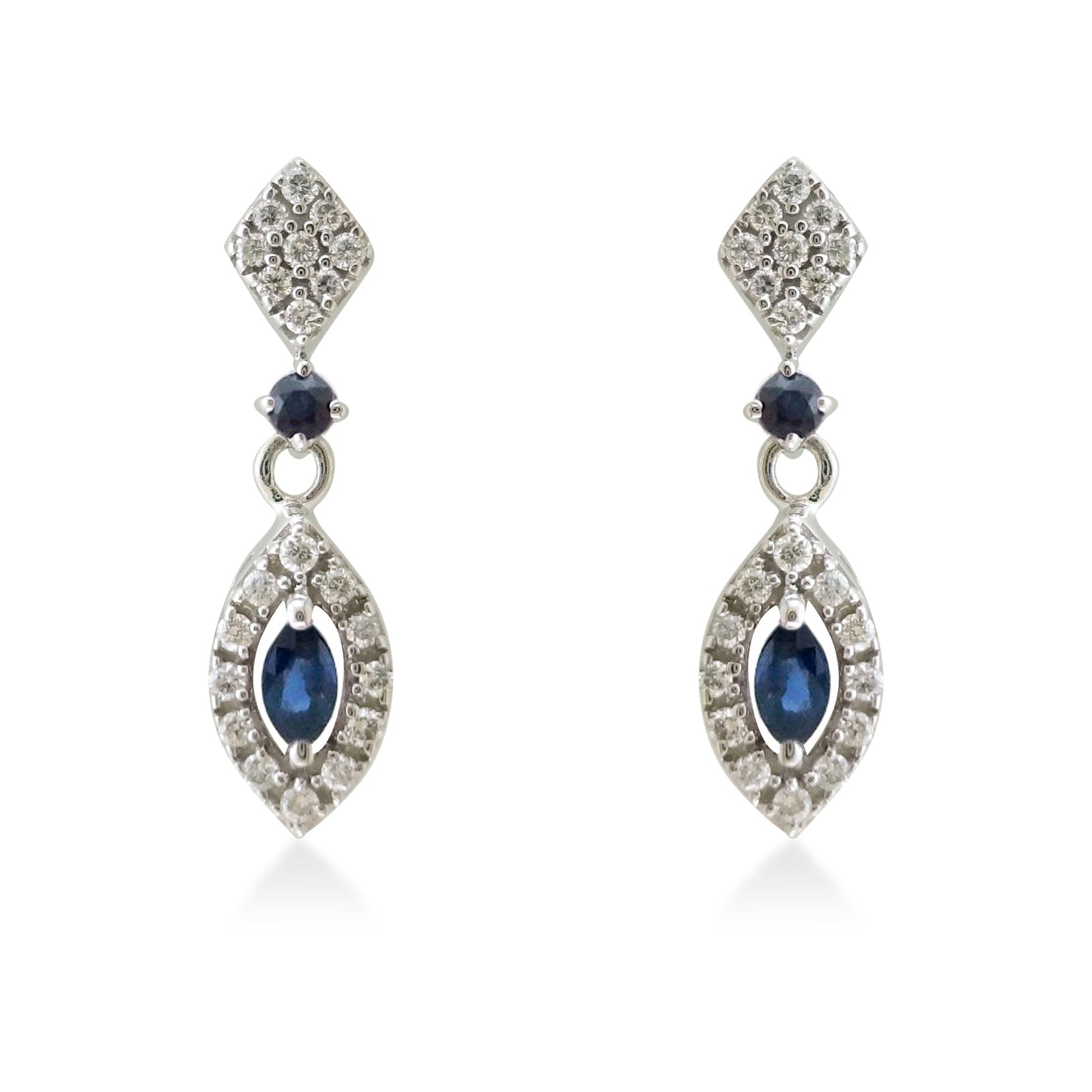 9ct white gold 4x2mm marquise shape & 2mm round sapphire & diamond drop earrings 0.22ct