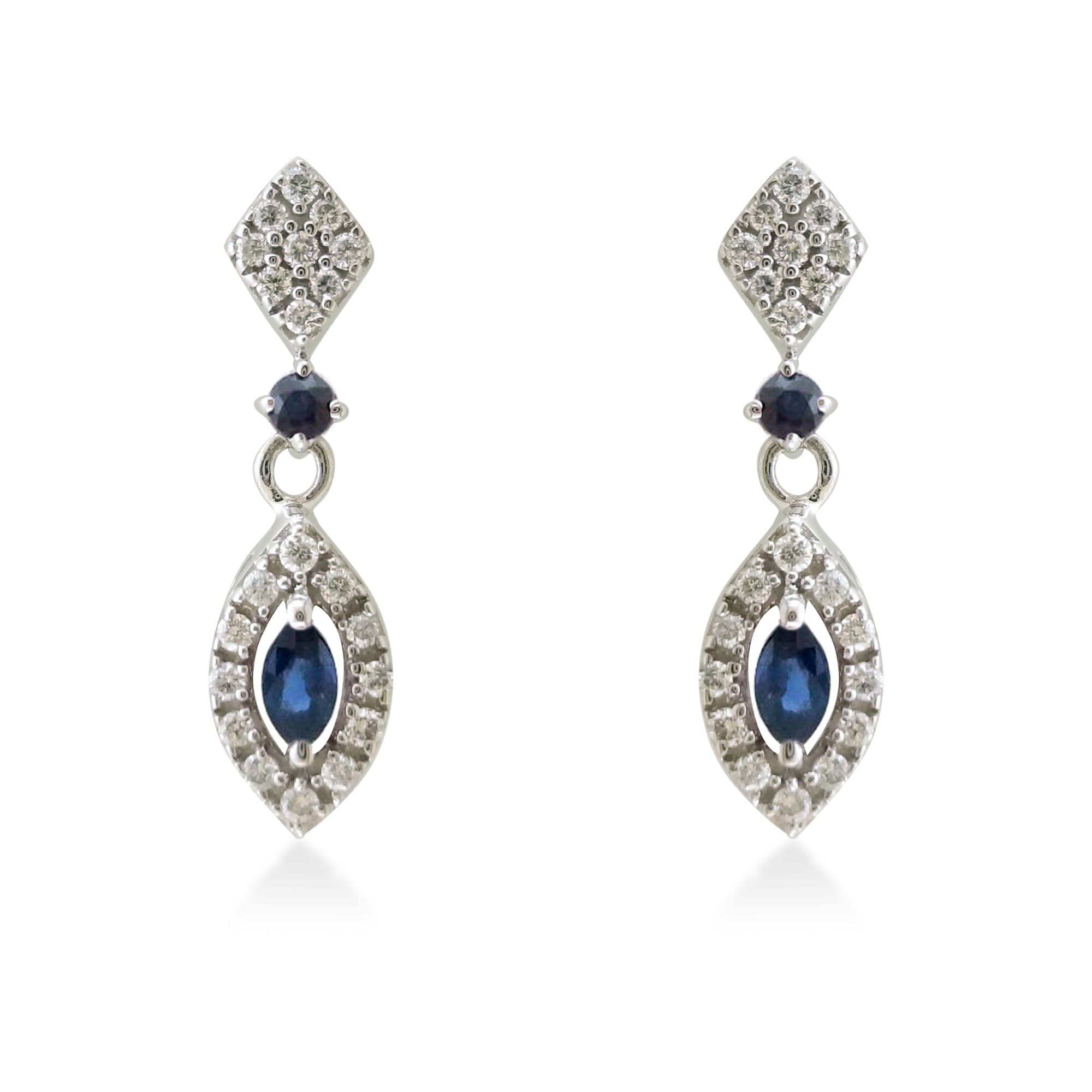 9ct white gold 4x2mm marquise shape & 2mm round sapphire & diamond drop earrings 0.22ct