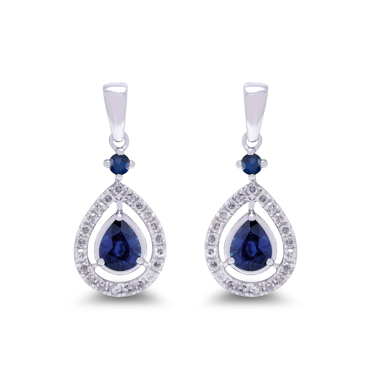 9ct white gold 4x3mm pear shape sapphire &amp; 1.70mm round sapphire &amp; diamond drop earrings 0.14ct