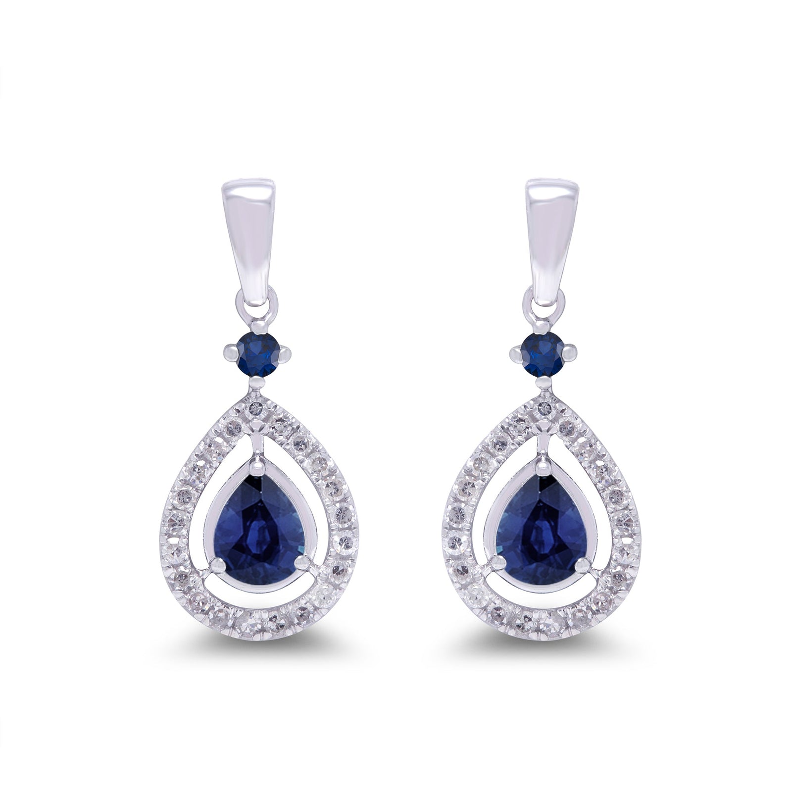 9ct white gold 4x3mm pear shape sapphire & 1.70mm round sapphire & diamond drop earrings 0.14ct