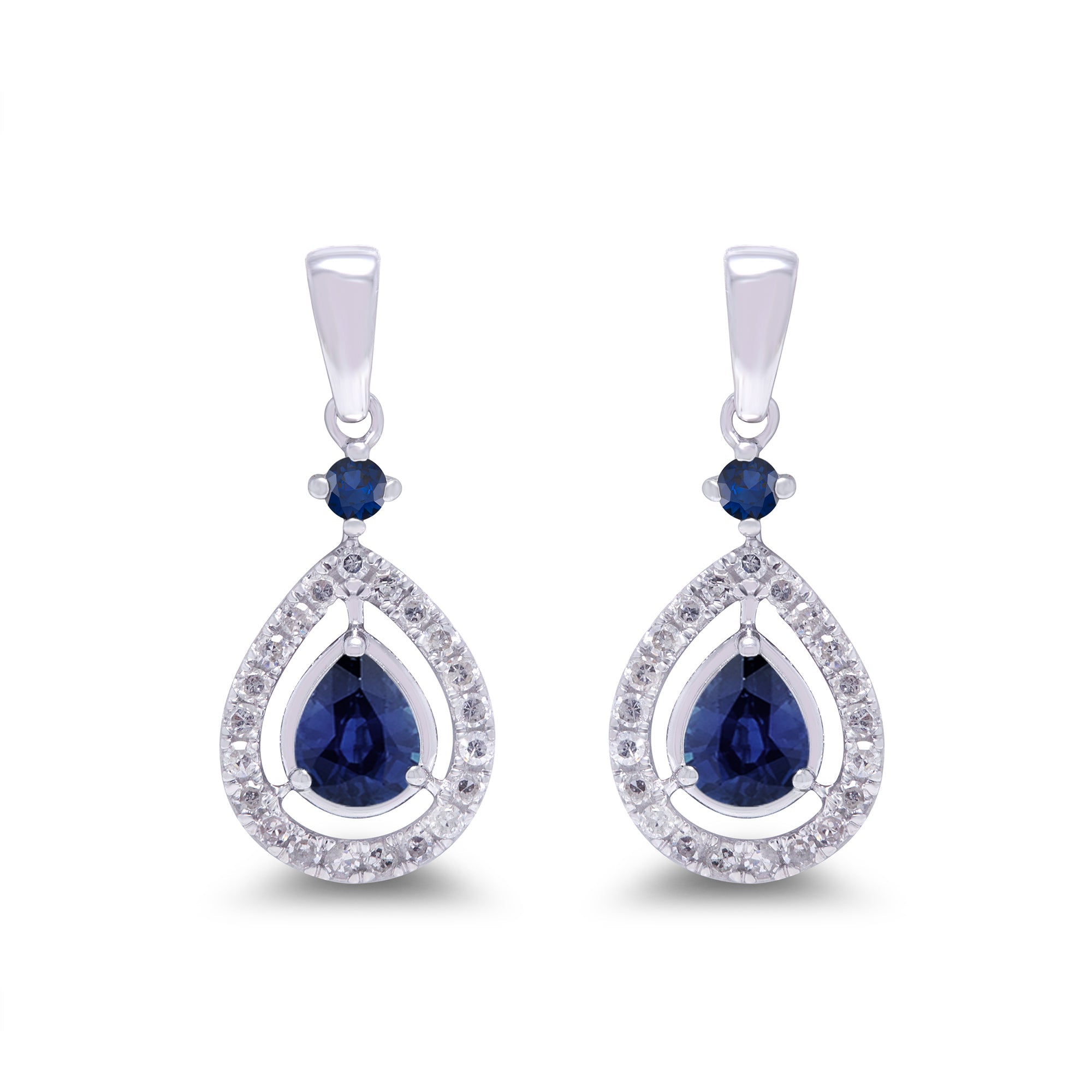 9ct white gold 4x3mm pear shape sapphire & 1.70mm round sapphire & diamond drop earrings 0.14ct