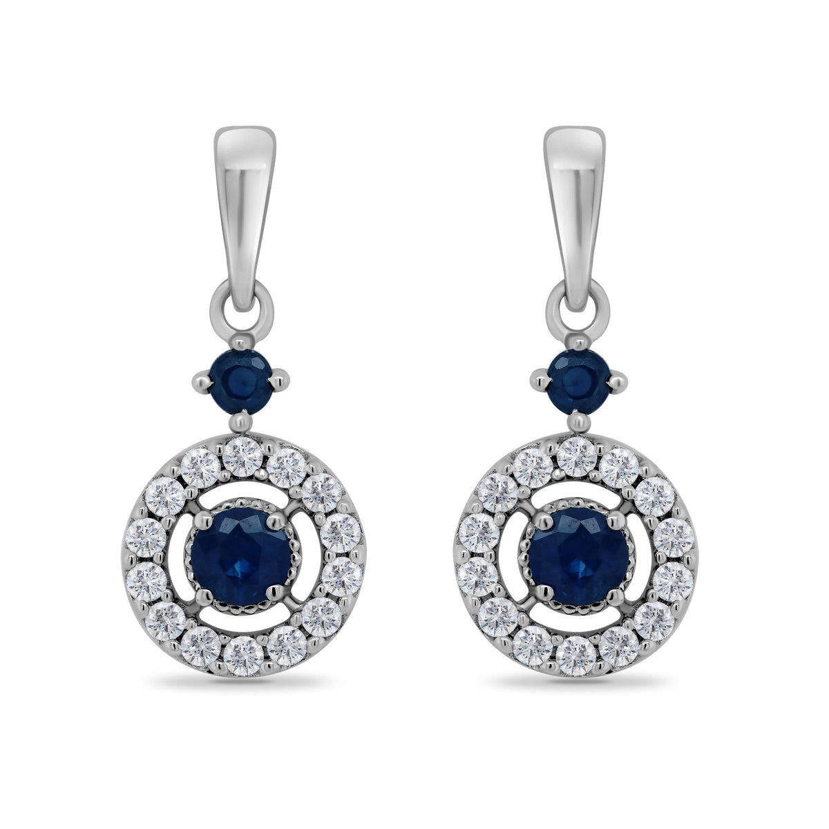 9ct white gold 2.75mm &amp; 1.75mm sapphire &amp; diamond gap halo drop earrings 0.14ct