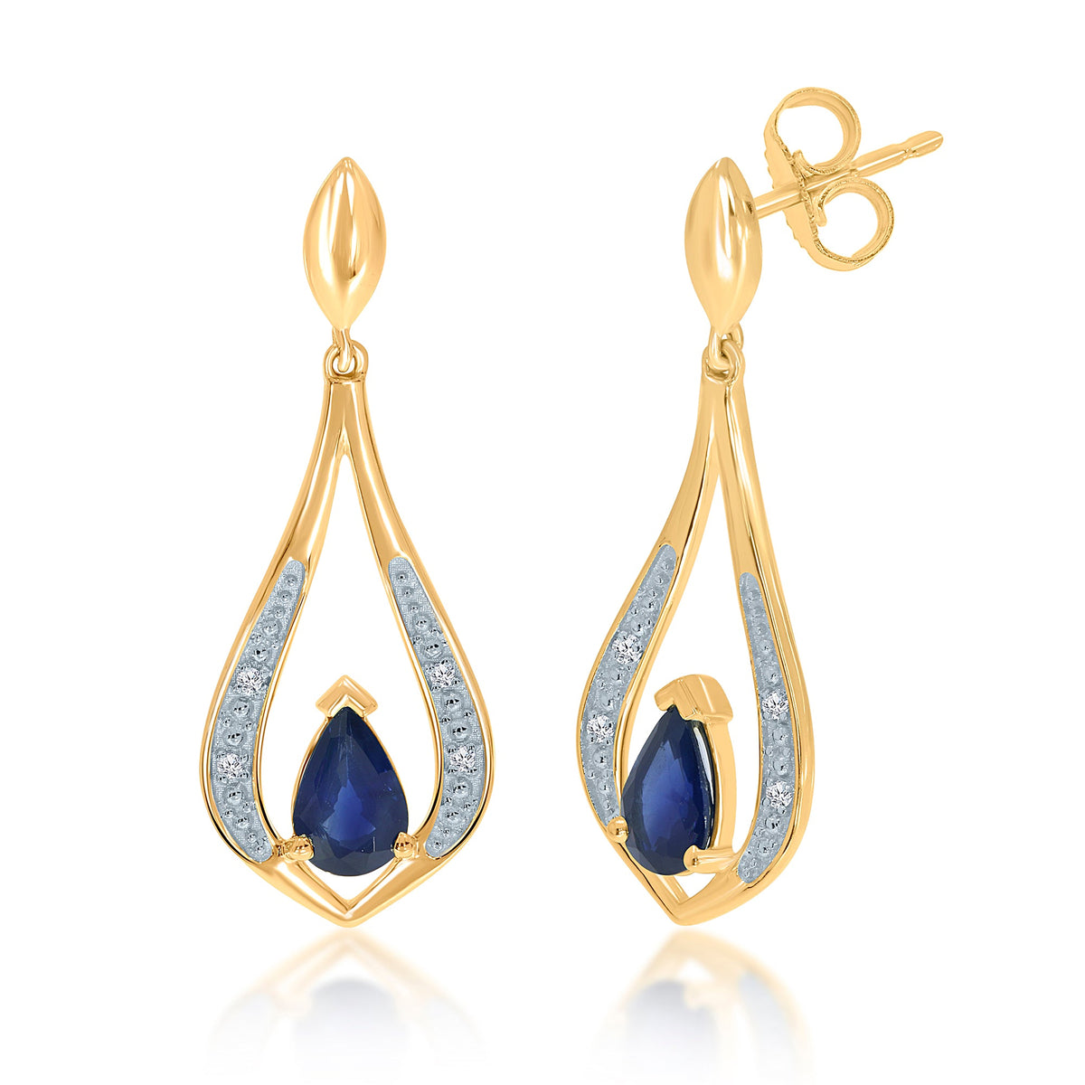 9ct gold 6x4mm pear shape sapphire &amp; diamond long drop earrings 0.02ct