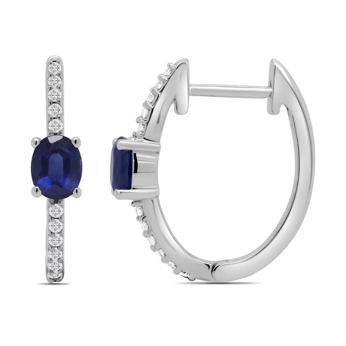 9ct white gold 5x4mm oval sapphire &amp; diamond set huggy earrings 0.13ct - L18mm
