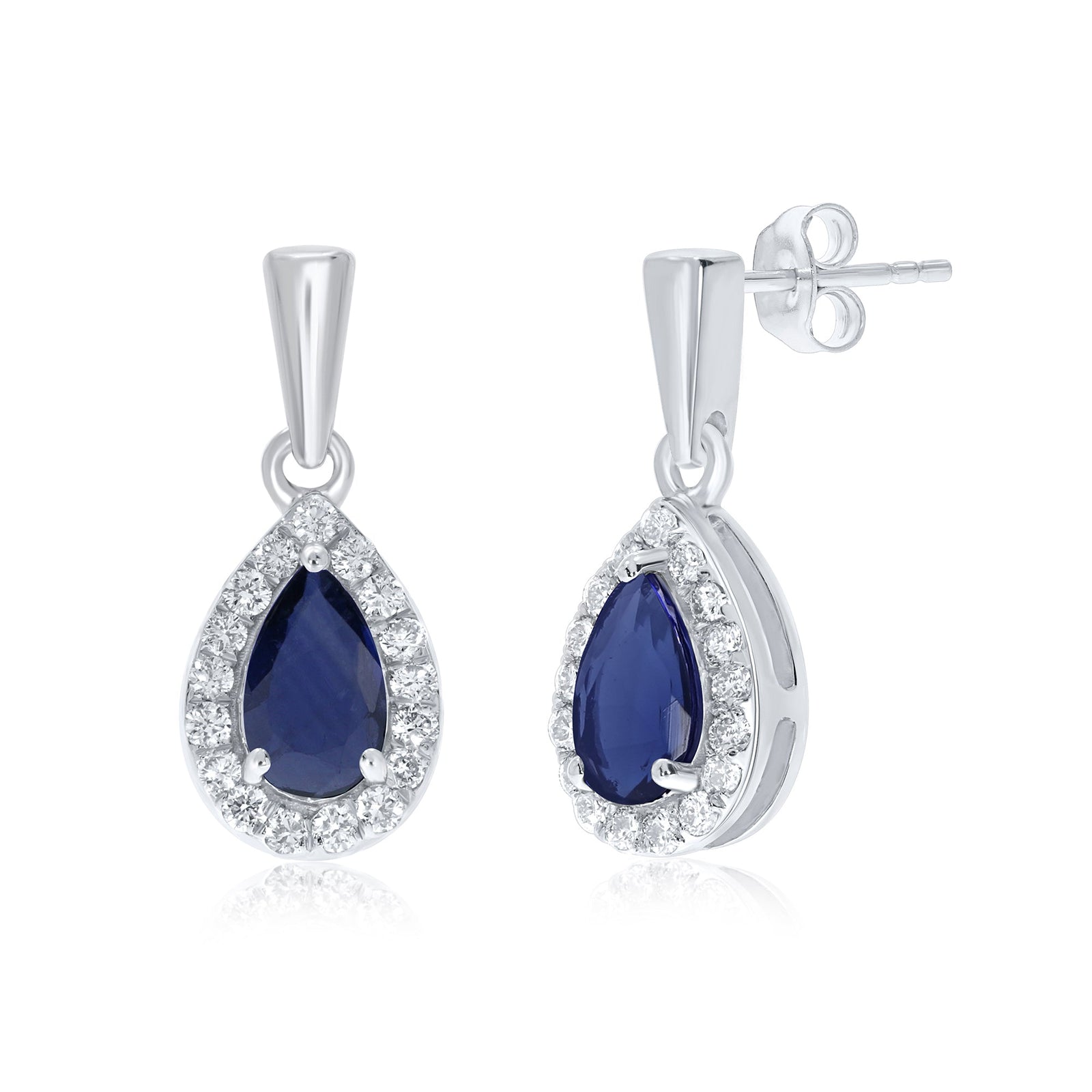 9ct white gold 5x3mm pear shape sapphire & diamond drop earrings 0.11ct