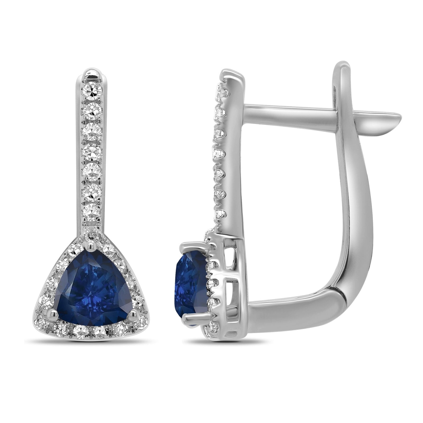 9ct white gold 5mm trillion cut sapphire & diamond huggy earrings 0.20ct - L16mm