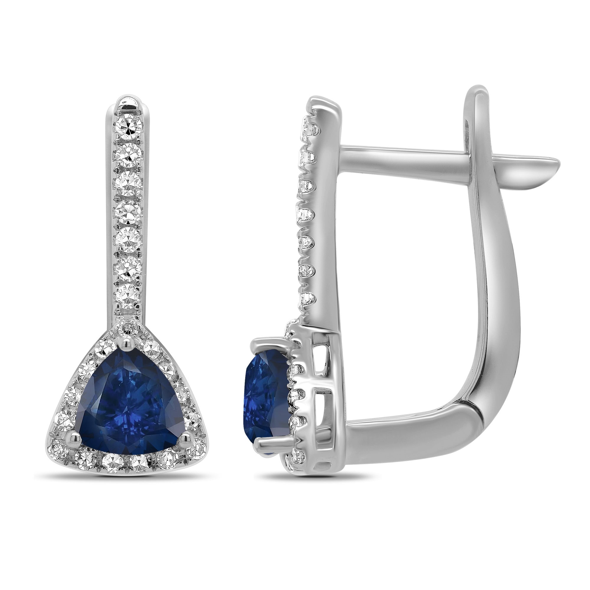 9ct white gold 5mm trillion cut sapphire & diamond huggy earrings 0.20ct - L16mm