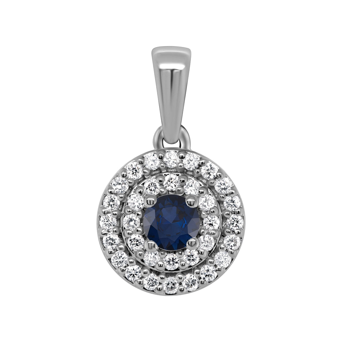 9ct white gold 3.00mm sapphire &amp; two row diamond halo cluster pendant 0.13ct