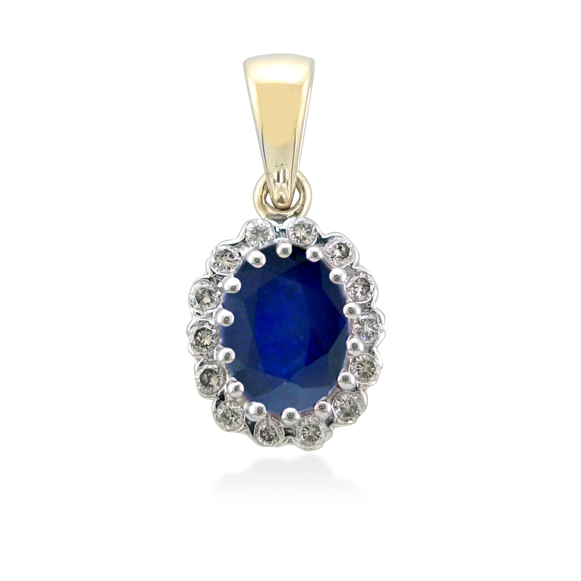 9ct gold 7x5mm oval sapphire & diamond cluster pendant 0.12ct