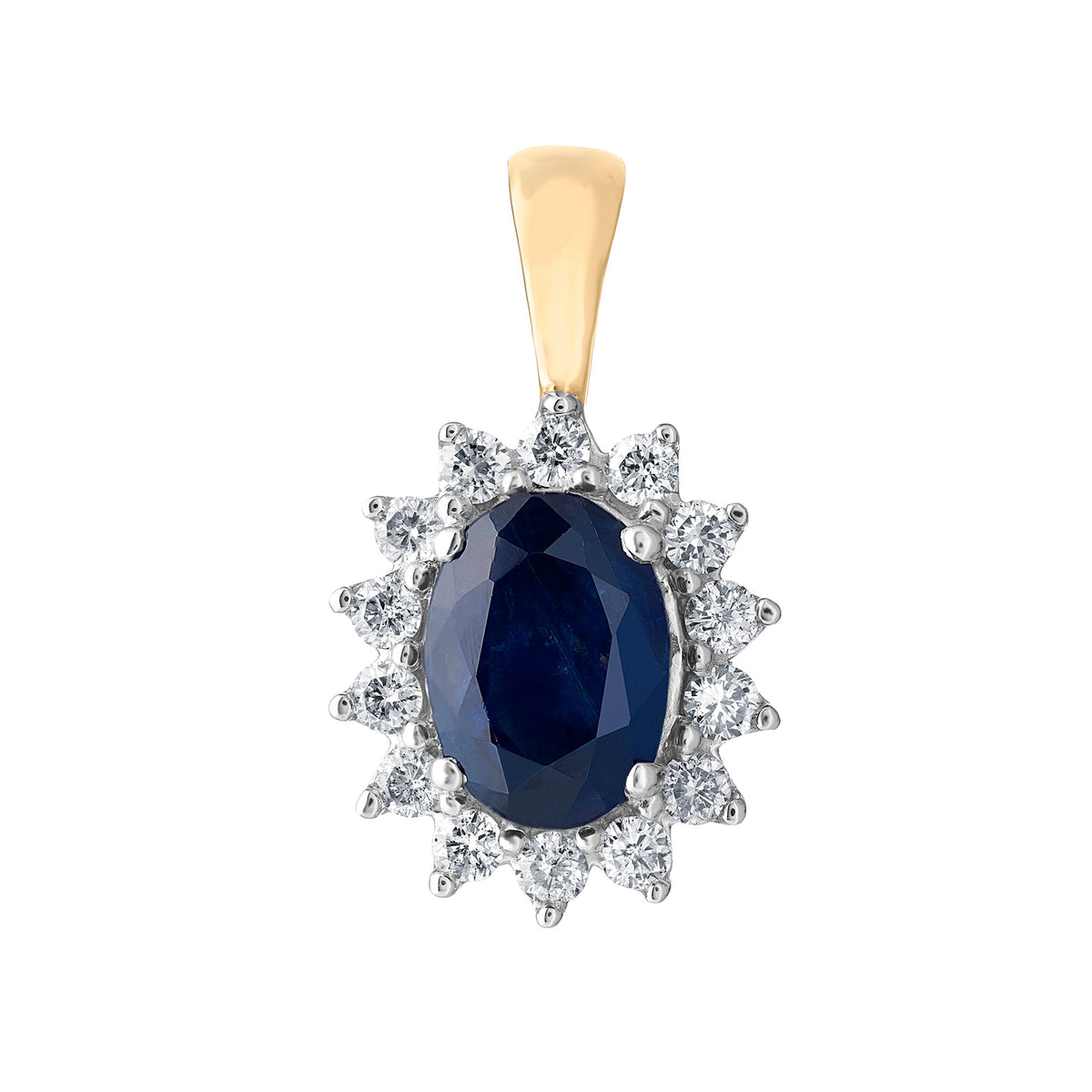 9ct gold 7x5mm oval sapphire &amp; diamond cluster pendant 0.20ct